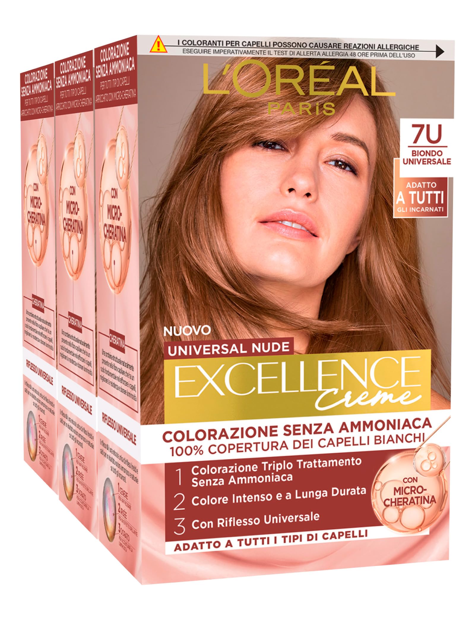 L'Oréal Paris Tinta Permanente Excellence Creme Universal Nude 7U Biondo Universale Colorazione Triplo Trattamento Copre 100% dei Capelli Bianchi Senza Ammoniaca - 3 Tinte