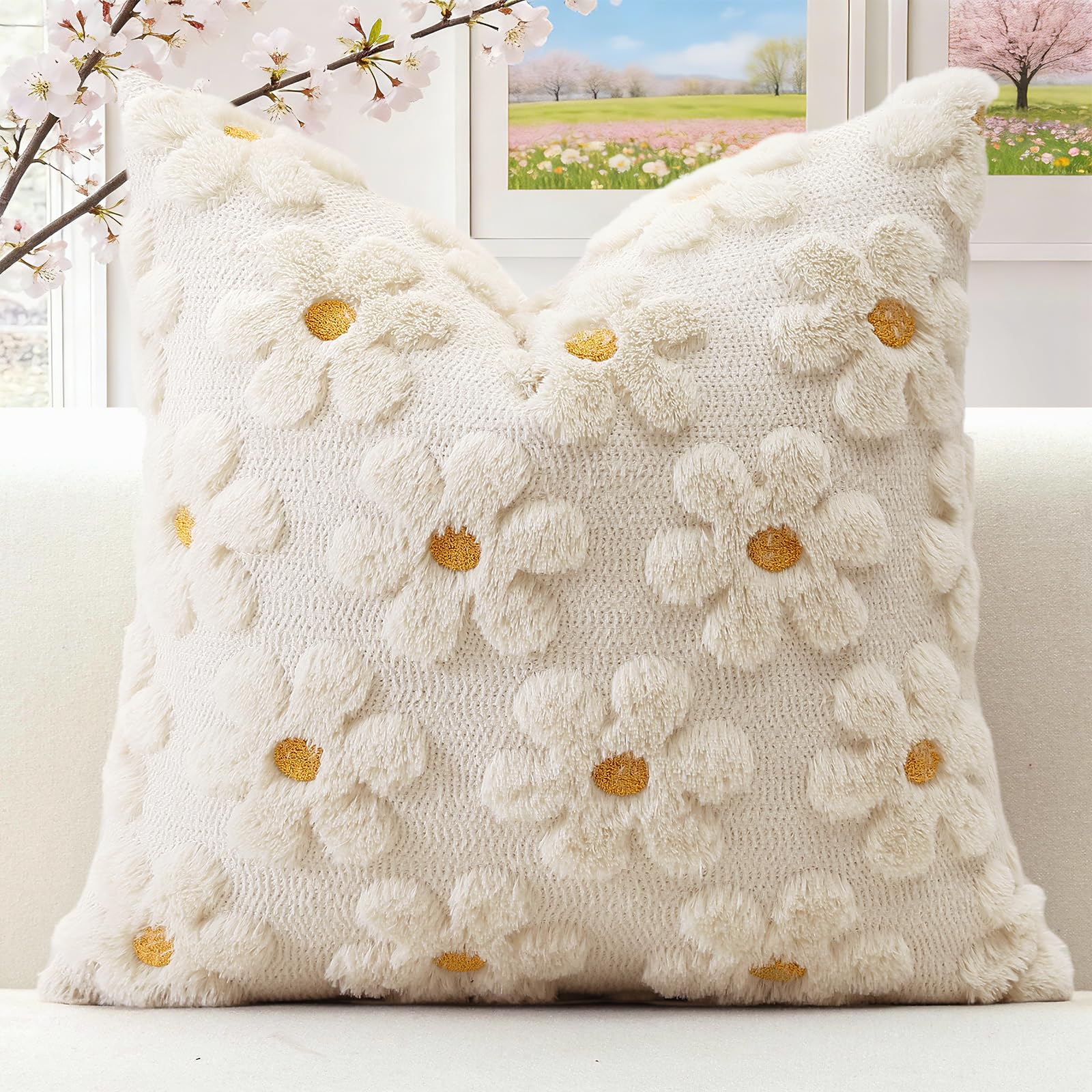 Artscope Spring Summer Cushion Cover Set of 1 Flowers Throw Pillow Cover for Sofa 50x50cm Square Seasonal Soft Plush Short Wool Velvet Cushion Case Holiday Decor Cream Beige