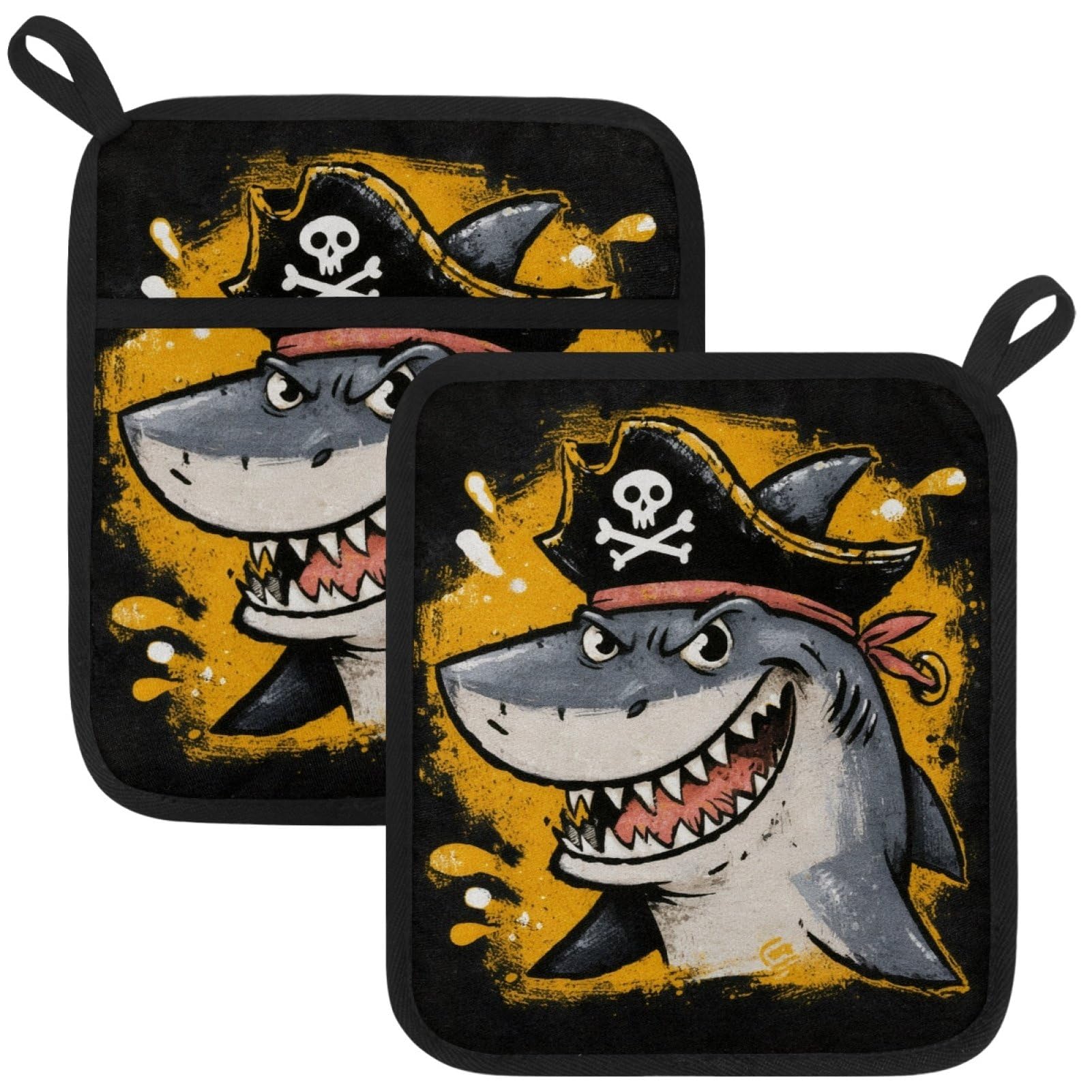 VAPOKF Cartoon Pirate Shark Pot Holders with Pocket for Kitchen Heat Resistant Potholders Large Polyester-Cotton Square Oven Mitts Set