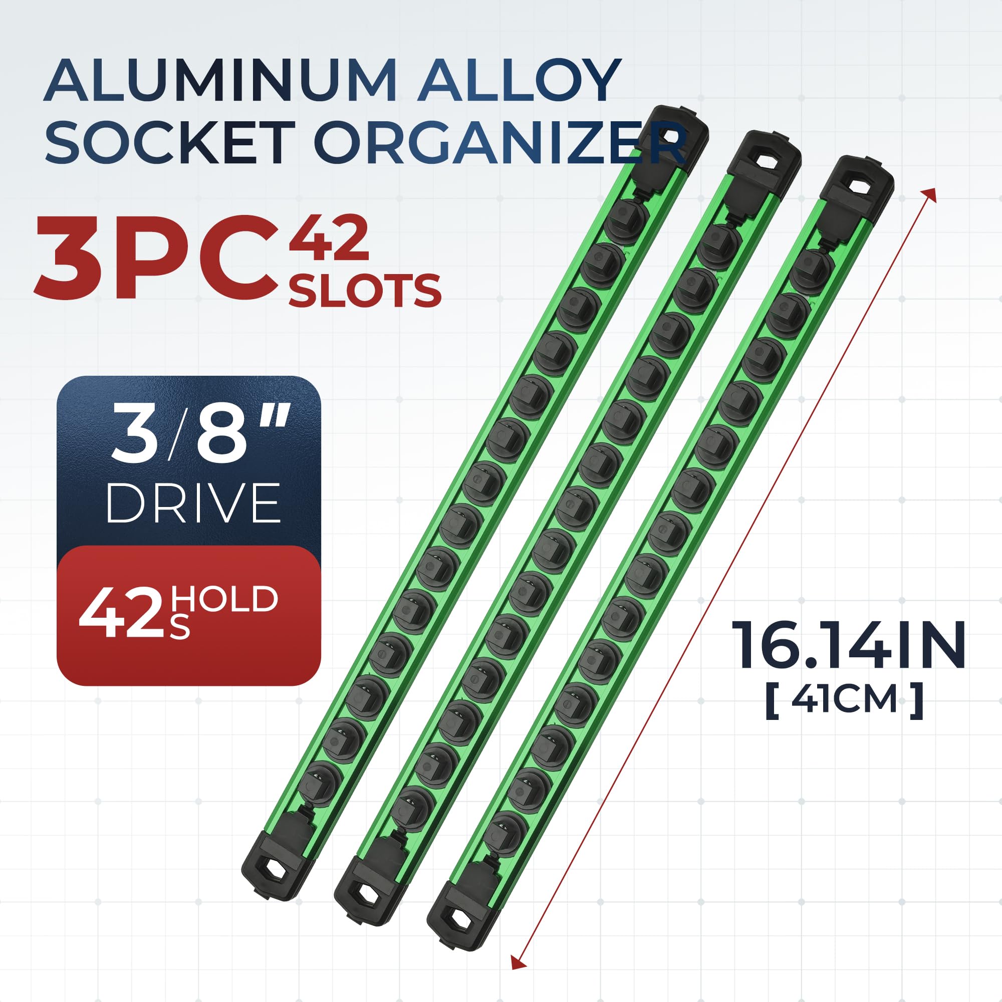 Reniteco Organizador magnético de 3 piezas, soporte de aluminio resistente, riel de enchufe para caja de herramientas, estante giratorio de 360° de alta calidad con 42 clips para 3/8 pulgadas (verde)