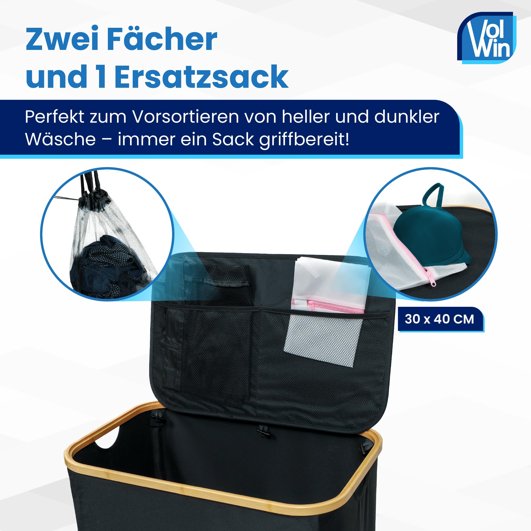 Wäschekorb schwarz 140L – Faltbar & mit Deckel – 2 Fächer + 3 Wäschesäcke & 2 Waschnetze – Aus Oxfordstoff 600D – Wäschesortierer & Wäschetruhe für Bad, Schlafzimmer & Haushalt
