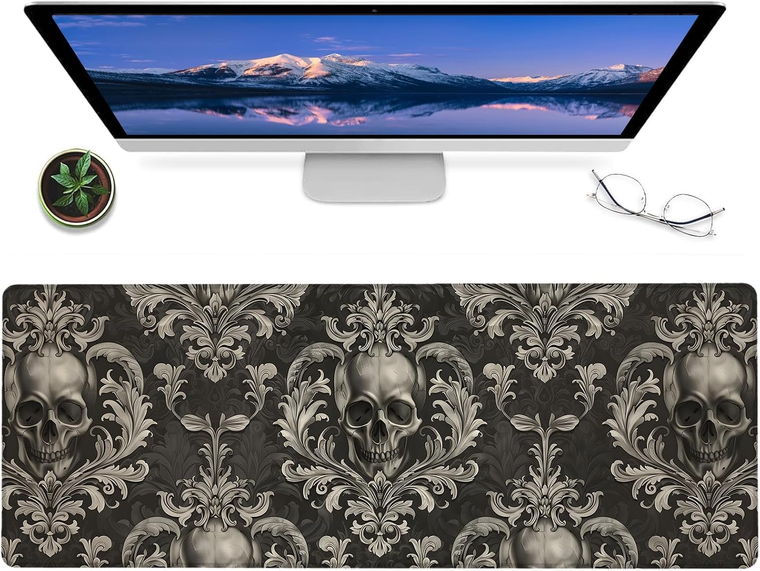 Gothic Gaming Mouse Pad,12x31.5in Non-Slip Rubber Goth Desk Mat,Large Extended Mousepad for Office Home Laptop,Mice Pads Gifts,Game Lover Deskmat Decor (Black Skull)
