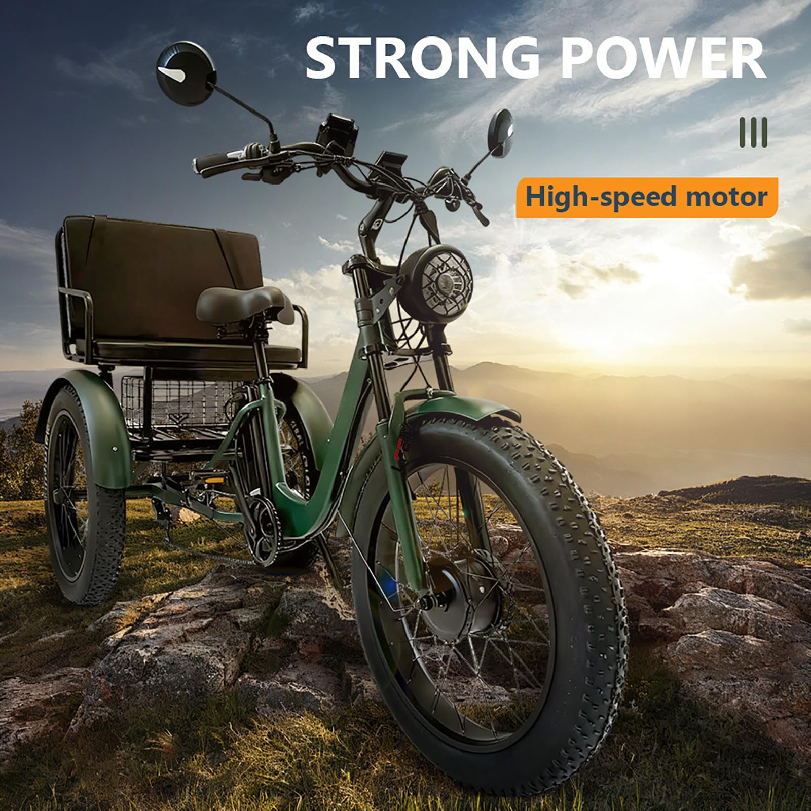 Triciclo Elettrico Da Carico, Capacità Di Carico 200 Kg, Pneumatici Larghi 24″. Triciclo Elettrico Con Sedile, Display Lcd + Faro, Doppi Freni A Disco, Per Uso Familiare Quotidiano Black