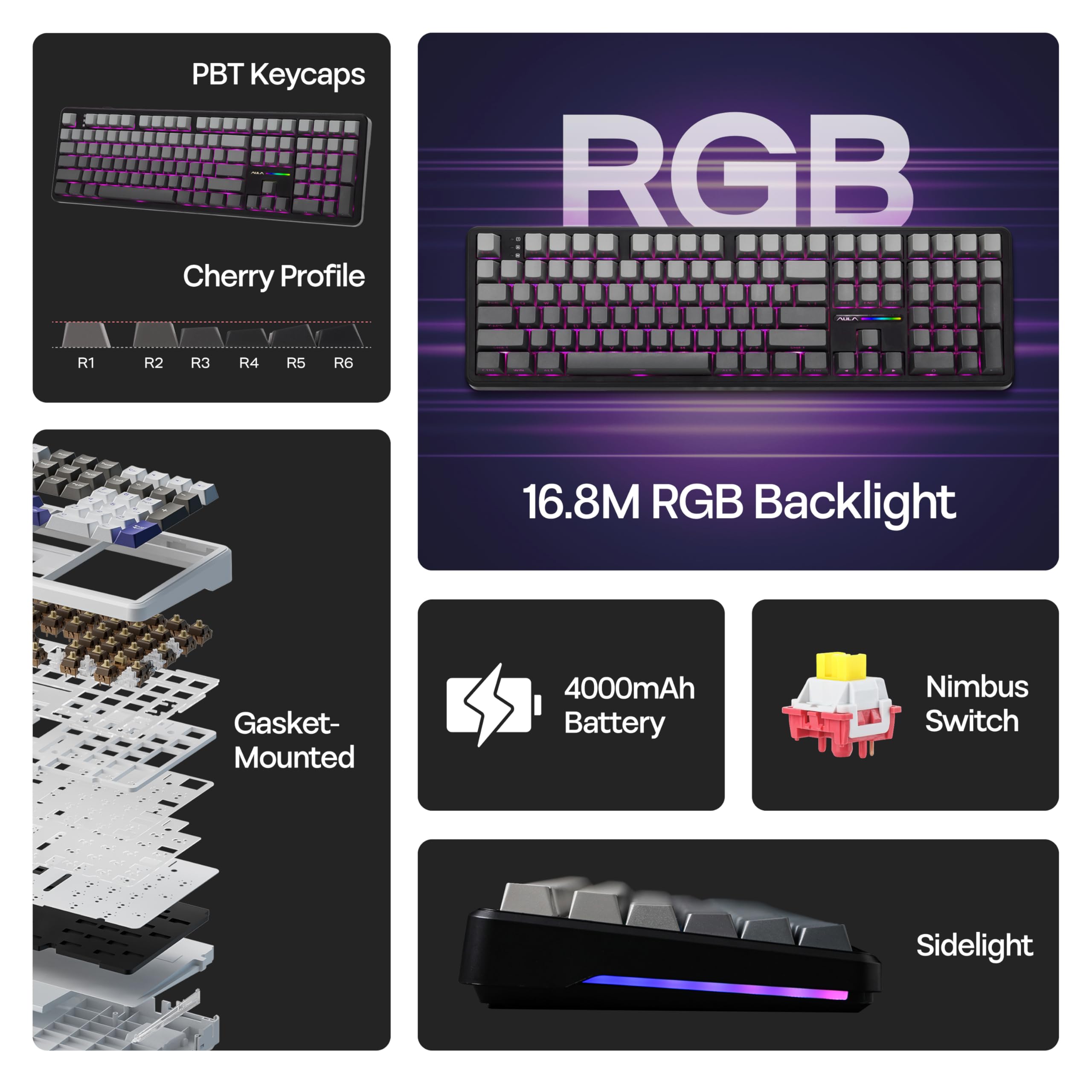 MechLands Aula F108 Tastiera da Gioco Wireless al 100%, 4000mAh, Tastiera Meccanica Personalizzabile, 108 Tasti Programmabili, Sostituibili a Caldo, per Win/Mac (Sfumatura Nera)