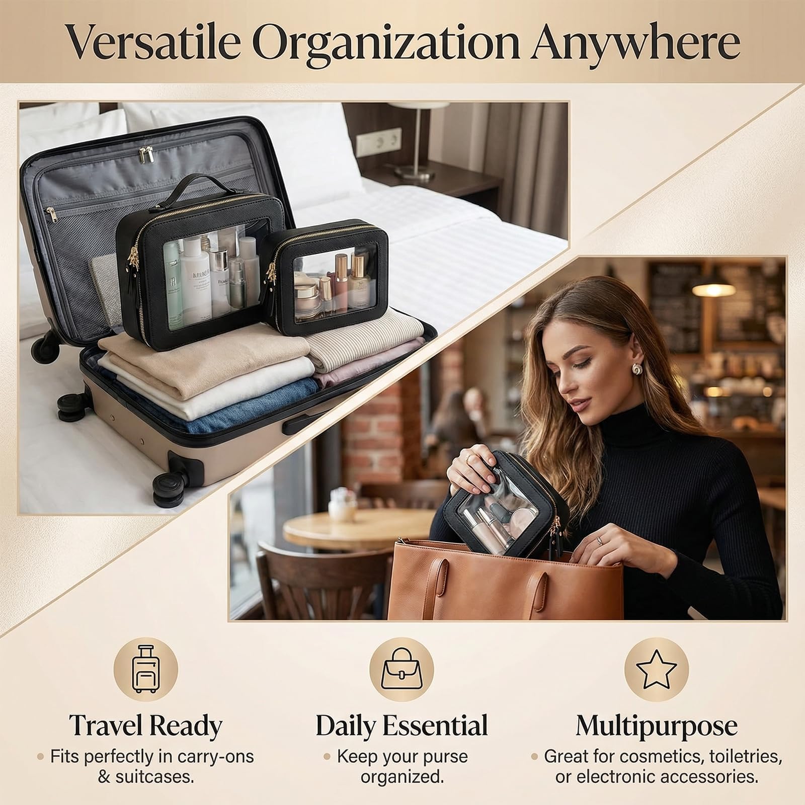 Make-up-Tasche, transparent, tragbar, wasserdicht, Make-up-Aufbewahrungstasche, Reise-spezifische Hautpflege-Aufbewahrungstasche, 2 Sets (Schwarz, L + M + Mini), Weiß + Schwarz, L+M+MINI
