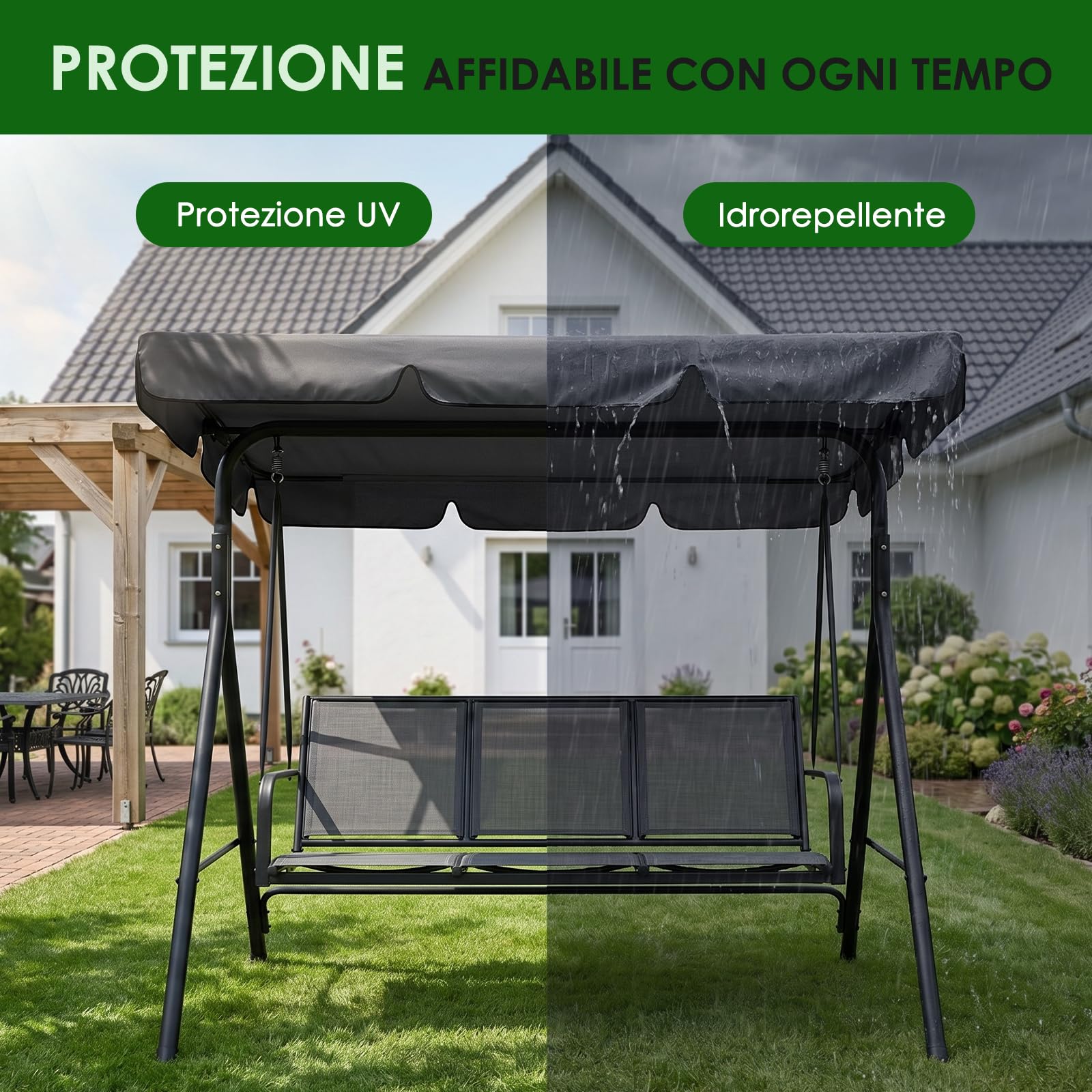 Tetto di Ricambio per Dondolo da Giardino (200×120cm) | Grigio, Poliestere, Impermeabile, Anti-UV, Per dondolo da giardino a 3 posti, Facile da installare