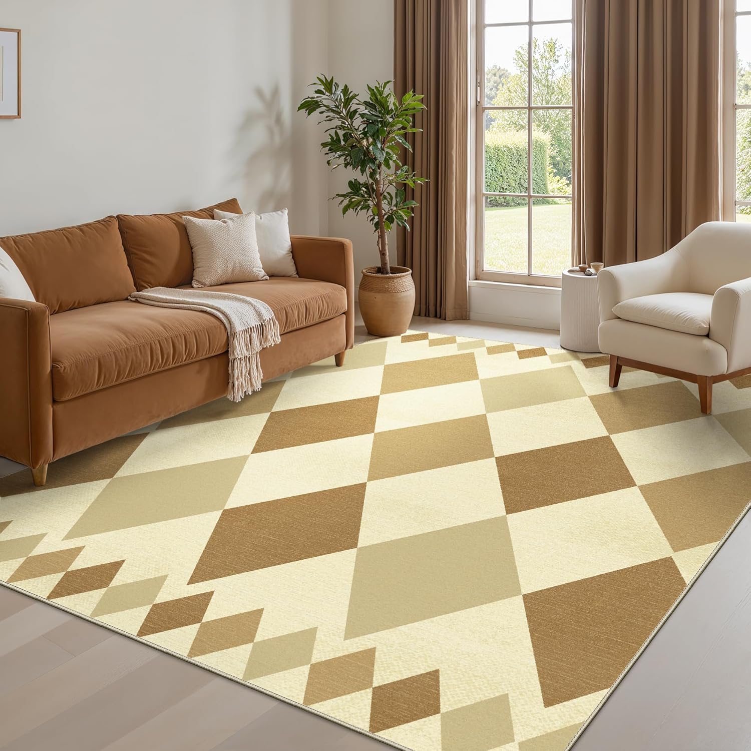 Bavni 8x10 Area Rugs,Checkered Machine Washable Rug for Living Room,Modern Abstract Indoor Soft Area Rug for Bedroom Dining Room,Thin Low Pile Carpet with Non Slip Rubber Backing,Diamond Lattice 8' x 10' (Rectangular) Beige/Sand