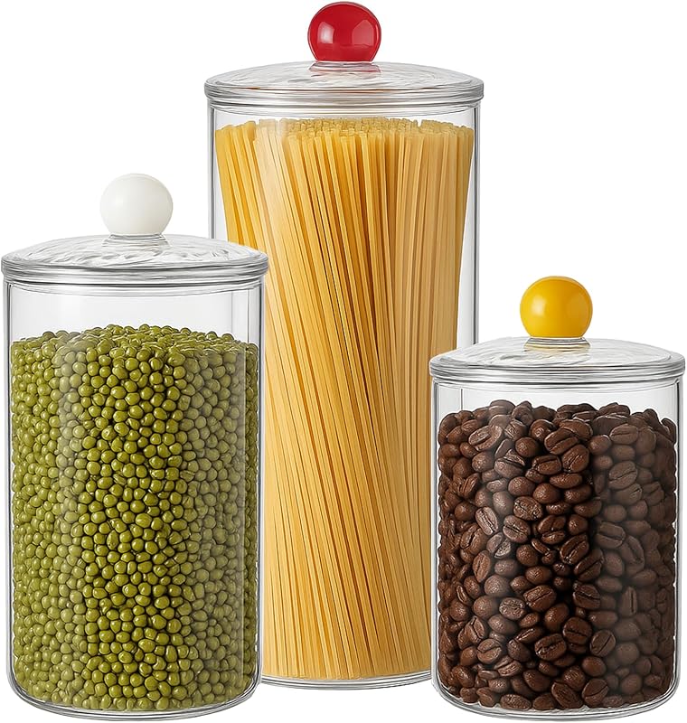 Set of 3 Acrylic Apothecary Jars, 30oz, 47oz, 67oz | Airtight, Candy Cookie Canister with Lids, Bathroom Vanity Organizer, For Cereal, Spice, Snack, Food Storage, Bath Salt