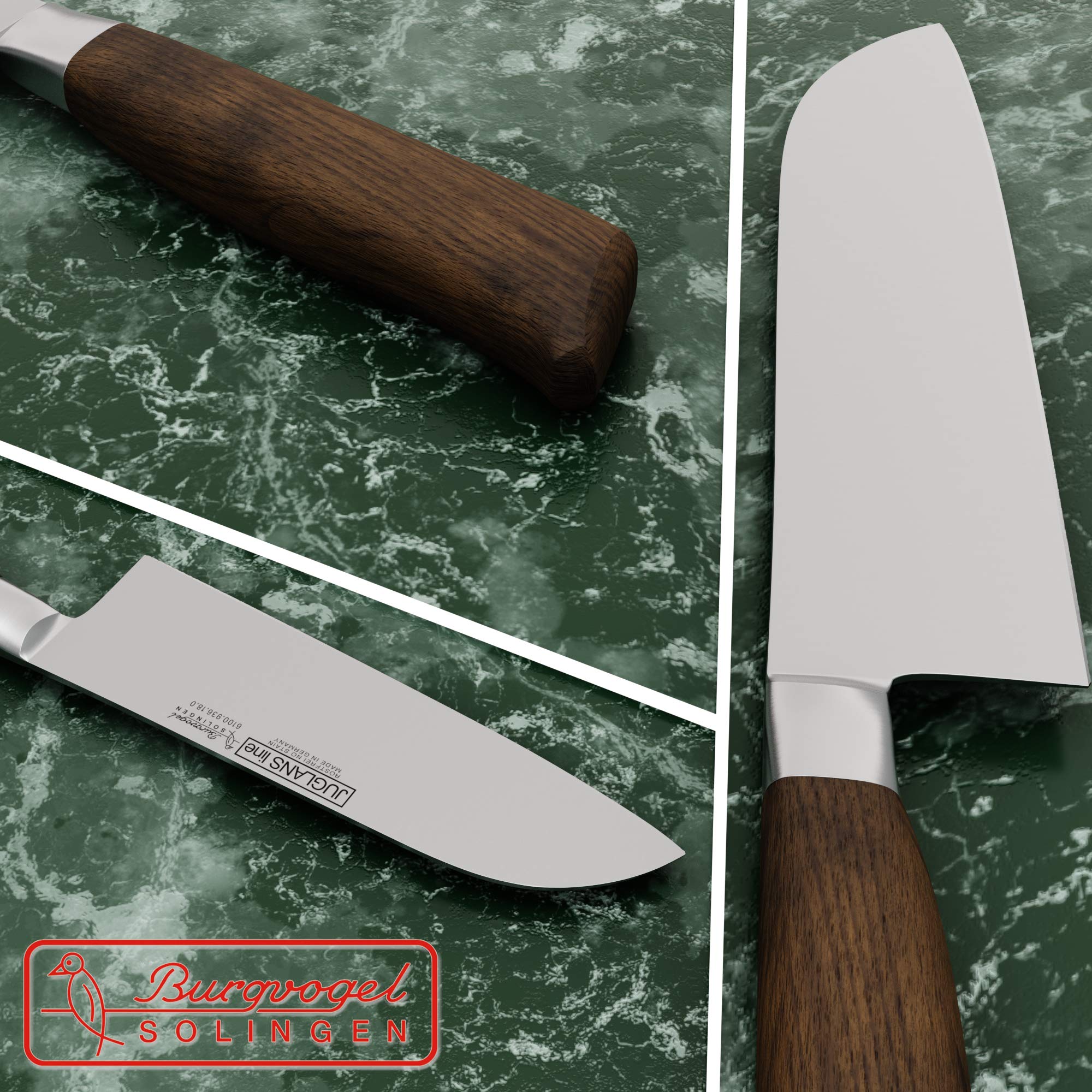 Burgvogel Solingen Juglans Line Santokumesser Walnussholz 18 cm, rostfrei, Japanisches Kochmesser scharf geschmiedet, dunkel, premium, klein, Braun Rot