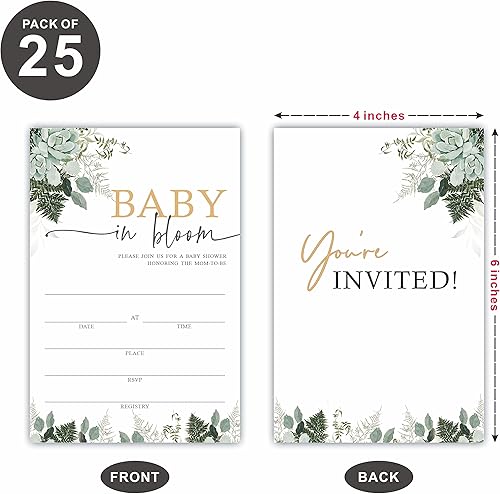 Miniatura 2 de TPYEN Invitaciones para baby shower de acuarela vegetación  Baby In Bloom  25 tarjetas de invitación de estilo con sobres  Decoraciones y
