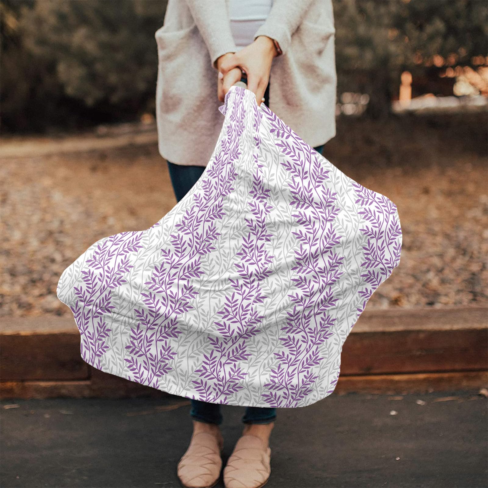 Nursing Cover for Breastfeeding Scarf, Purple and Grey Leaves Farm Baby Car Covers Super Soft Multi Use for Canopy Shopping Cart Cover Blanket Stroller Cover