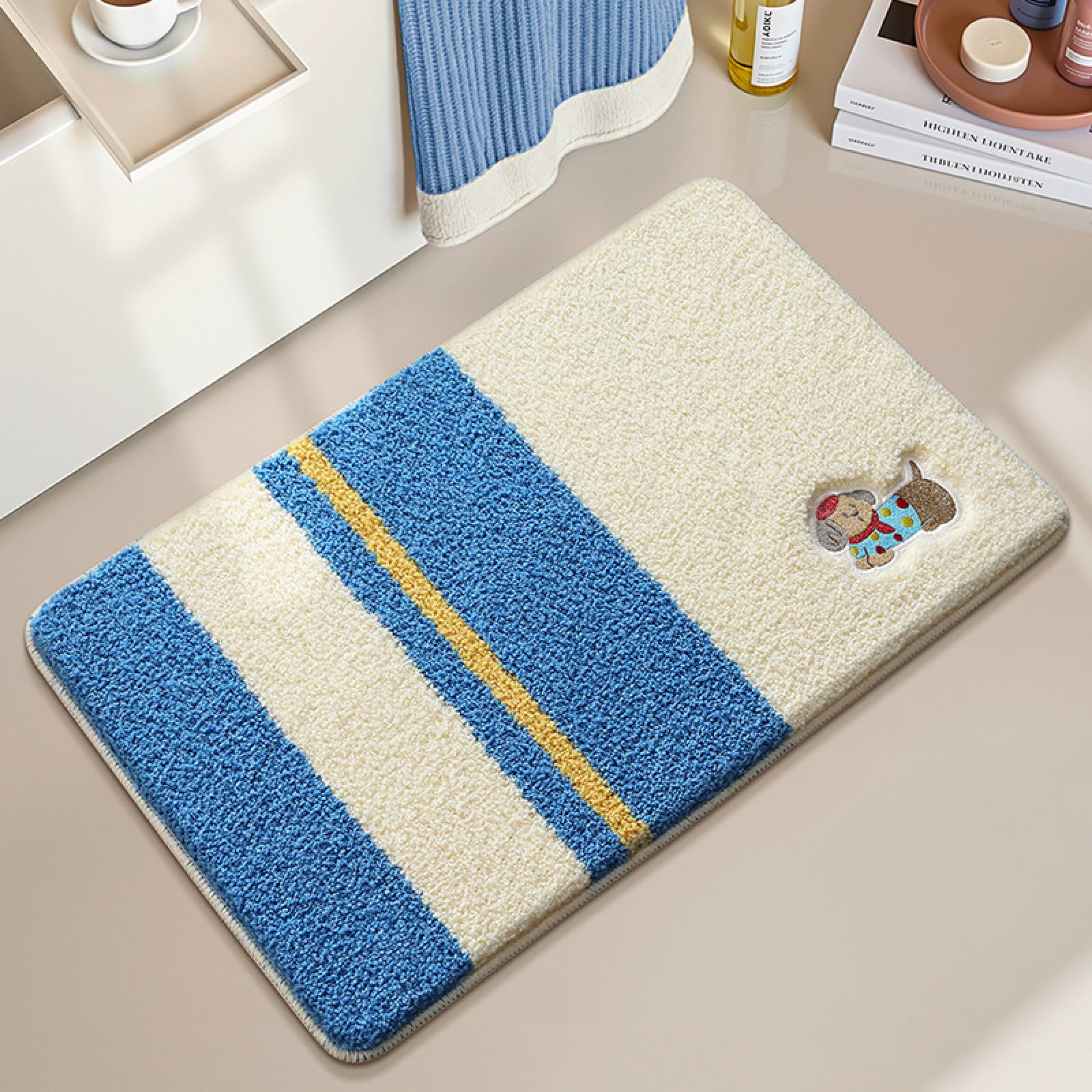 KGAIXN Absorbent 50x80cm Blue Yellow Bath Mats Non Slip, Soft Flannel Bathroom Carpet Anti Slip Bottom Washable for Tub Shower Room Floor, 50×80cm, 50×80cm