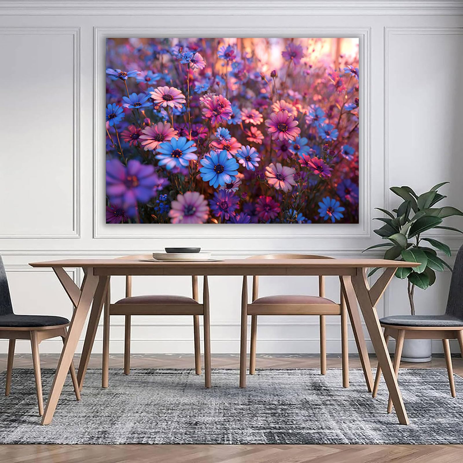 ZAMAEIU Nowoczesna zielona roślina plakat kolorowe pola kwiatowe do sypialni, biura, korytarza, wejścia (fioletowy)-80 x 120 cm w ramie