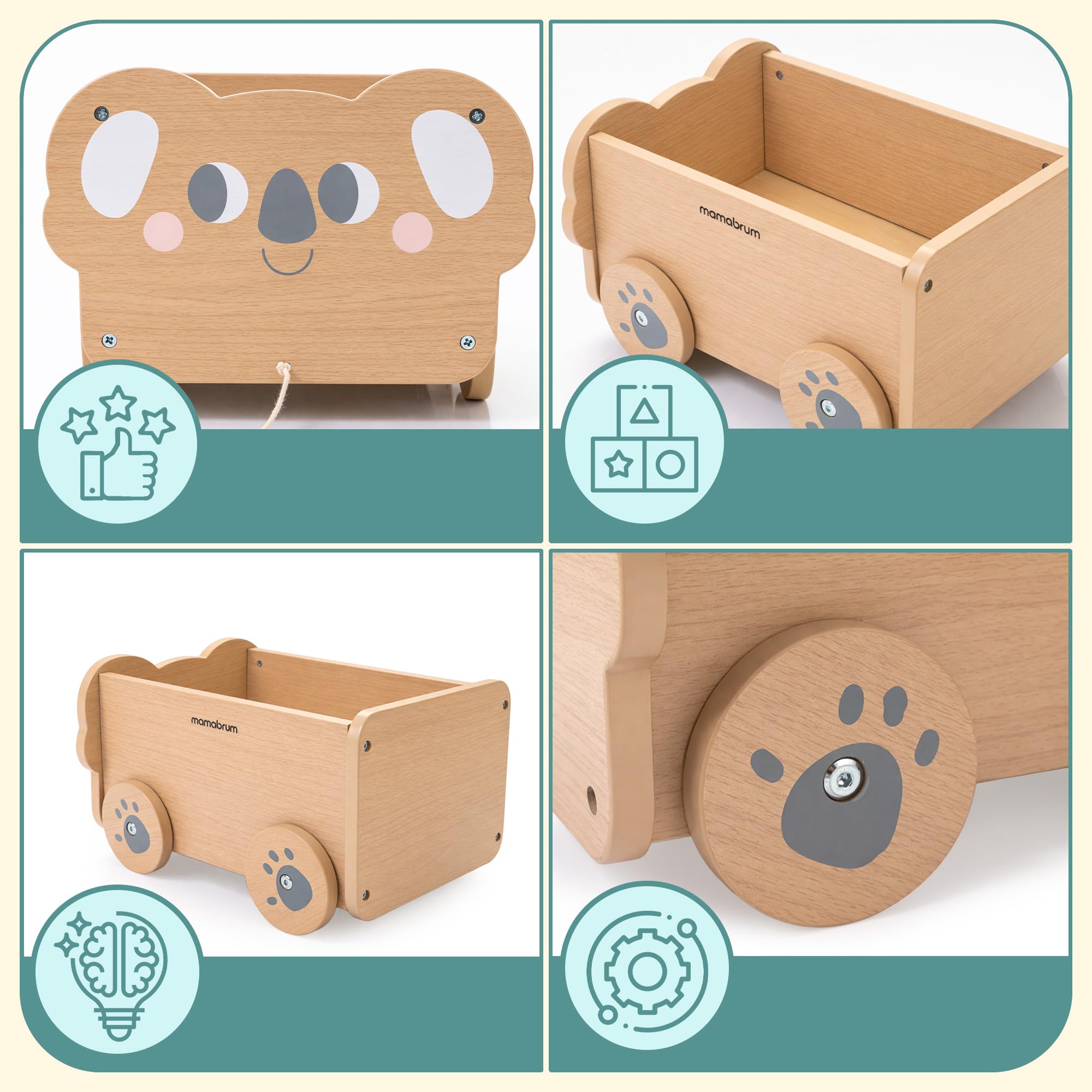 Mamabrum Carrito de Madera Koala para Niños con Cuerda, Juguete de Arrastre con Espacio de Almacenaje 5,54 l, Carro Infantil Educativo para Juego Diario