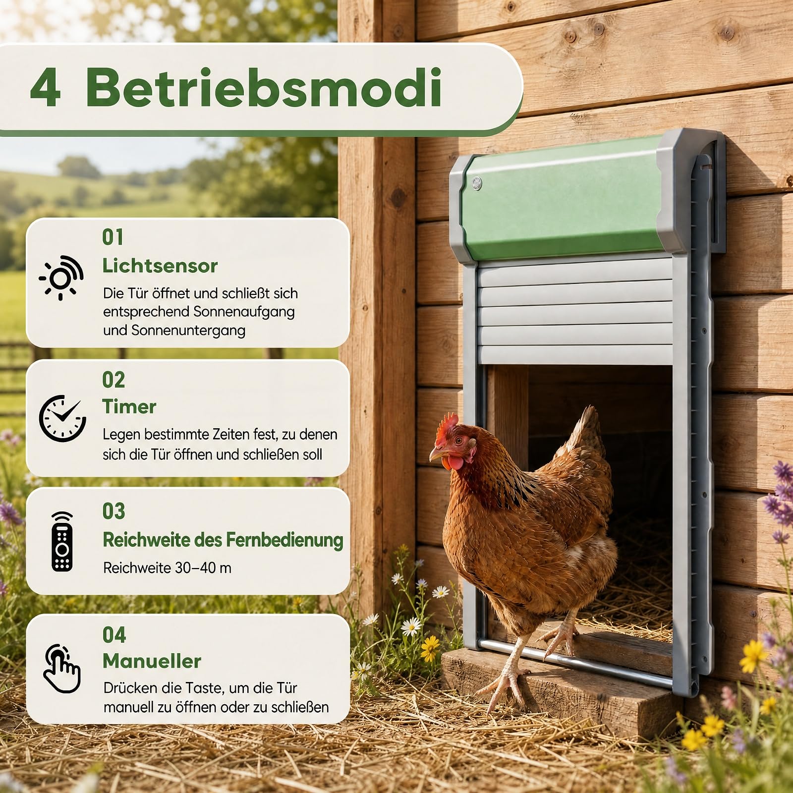 GYMAX Puerta Gallinero Automatica Solar con Control Remoto de 40 m, Puerta de Pollo Automática con Temporizador, Sensor de Luz, Modo Manual a Botón, Batería Recargable y Panel Solar para Exterior