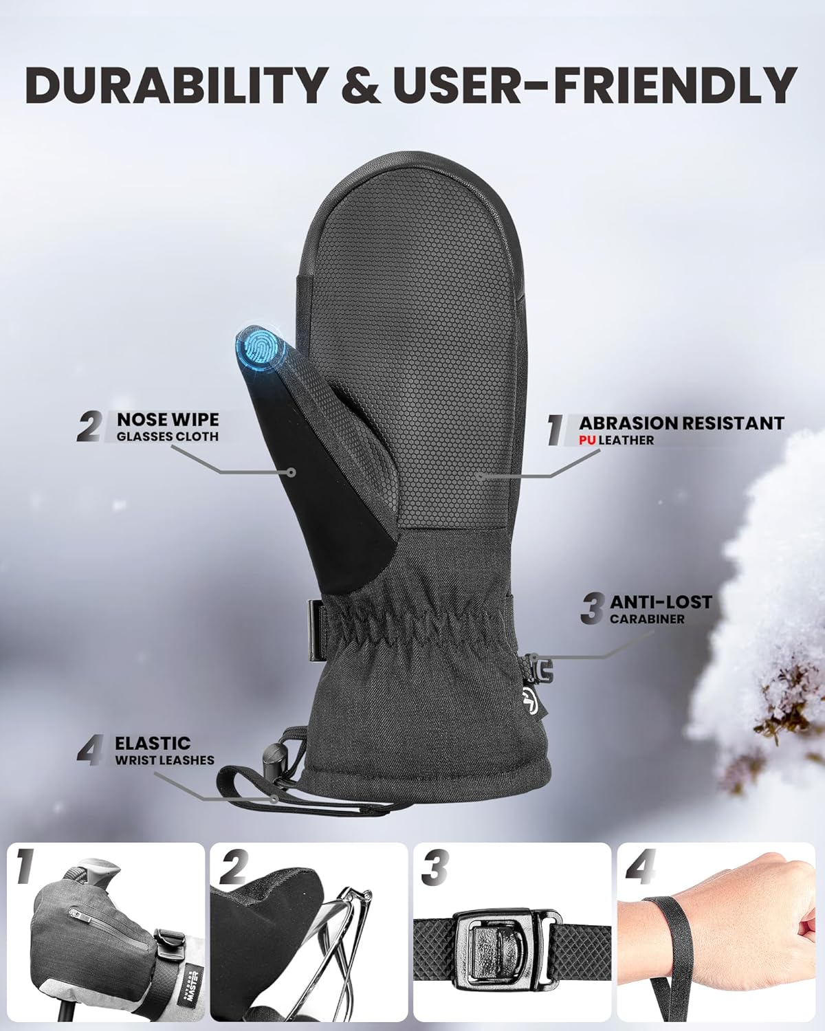 OutdoorMaster Ski Snow Mittens for Women & Men, Thermal Snowboard Ski Gloves Screen Touch, Warm Winter Anti-Slip Waterproof with Double-Pocket for Cold Weather Sports, Skiing, Snowboarding - Image 5