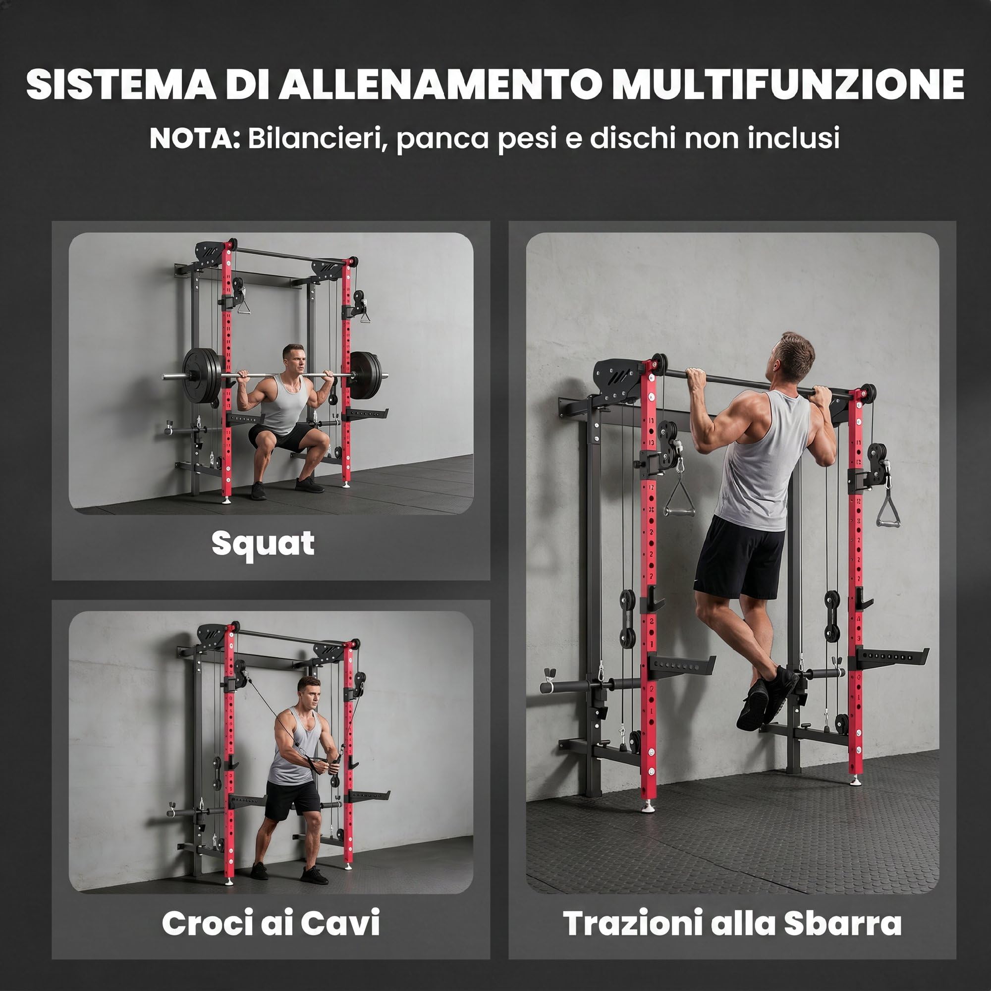 SPORTNOW Power Tower Pieghevole da Parete con Barra Trazioni Rosso | Rack Palestra, Sistema a Puleggia per Cavi, Squat Rack Multifunzione Regolabile 14 Livelli, Palestra Casa, Max 700 kg