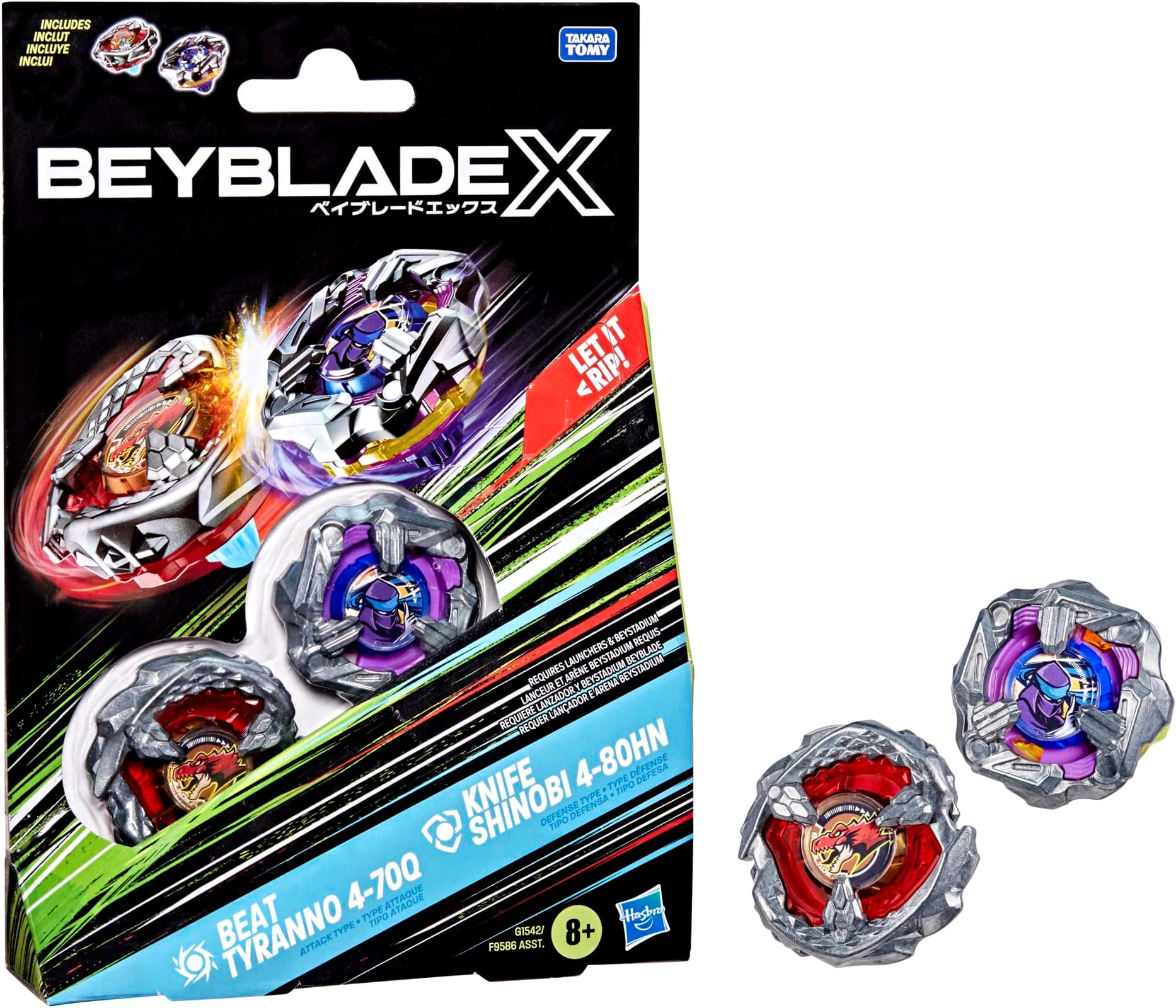 X Beat Tyranno 4-70Q & Knife Shinobi 4-80HN Dual Pack Set with 2 Right-Spinning Tops; Authentic Takara Tomy Battle Tops; Games/Toys for Boys & Girls 8+