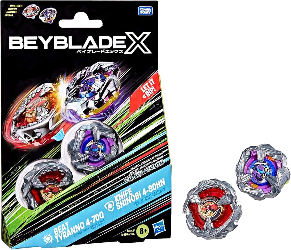 Beyblade X Beat Tyranno 4-70Q & Knife Shinobi 4-80HN Dual Pack Set with 2 Right-Spinning Tops; Authentic Takara Tomy Battle Tops; Games/Toys for Boys & Girls 8+