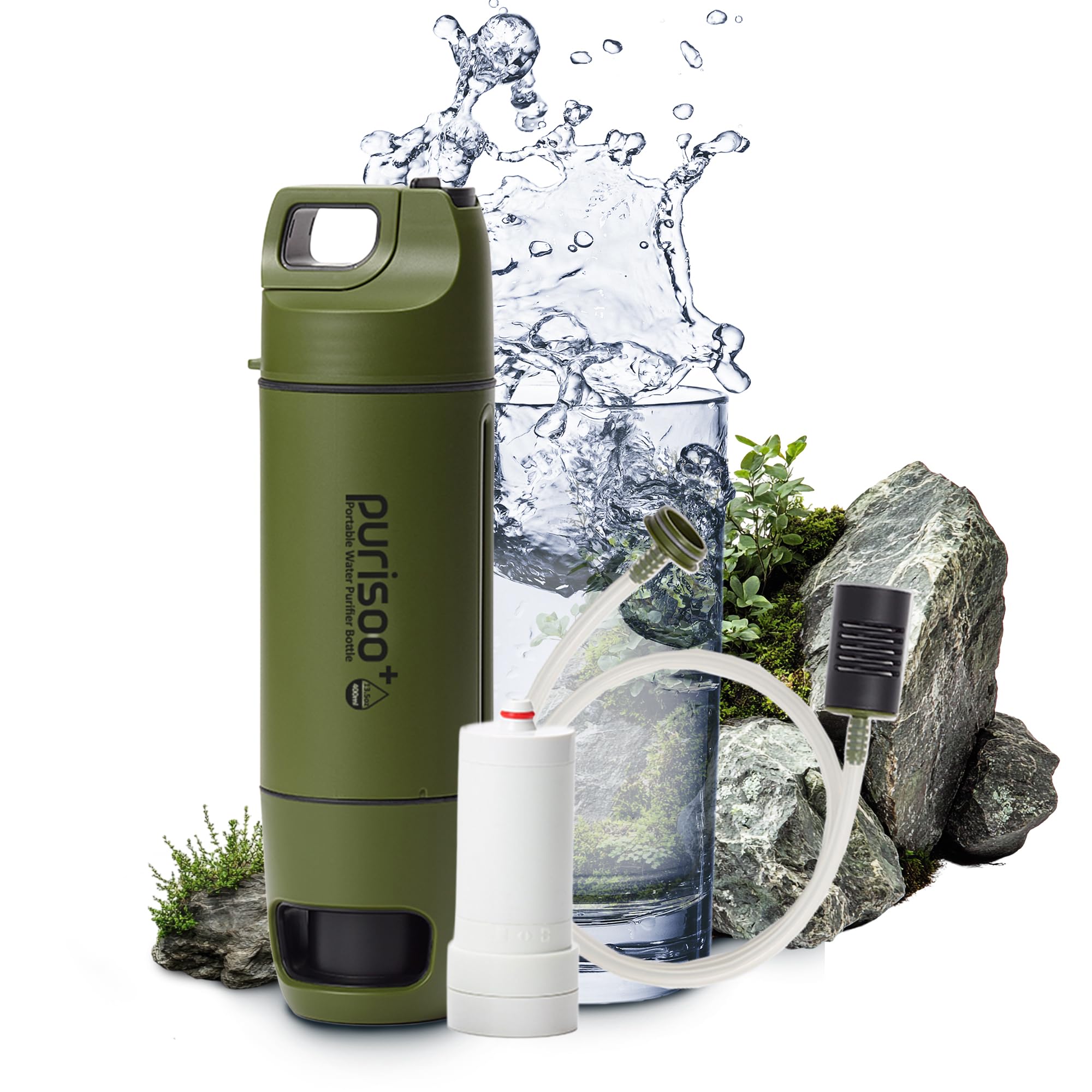 Extralink Purisoo+ Wasserfilter Outdoor mit Pumpe – Filterflasche 400ml mit UF Filter und Aktivkohle – Entfernt 99,99% Bakterien, Viren & Mikroplastik– Ideal für Wandern, Camping, Notfälle - Grün