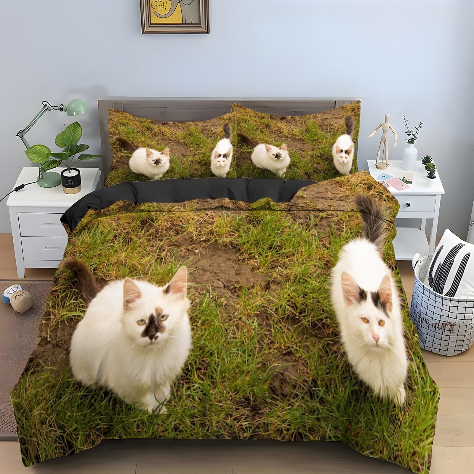 Linge de lit en microfibre douce motif chats blancs parure 2 personnes