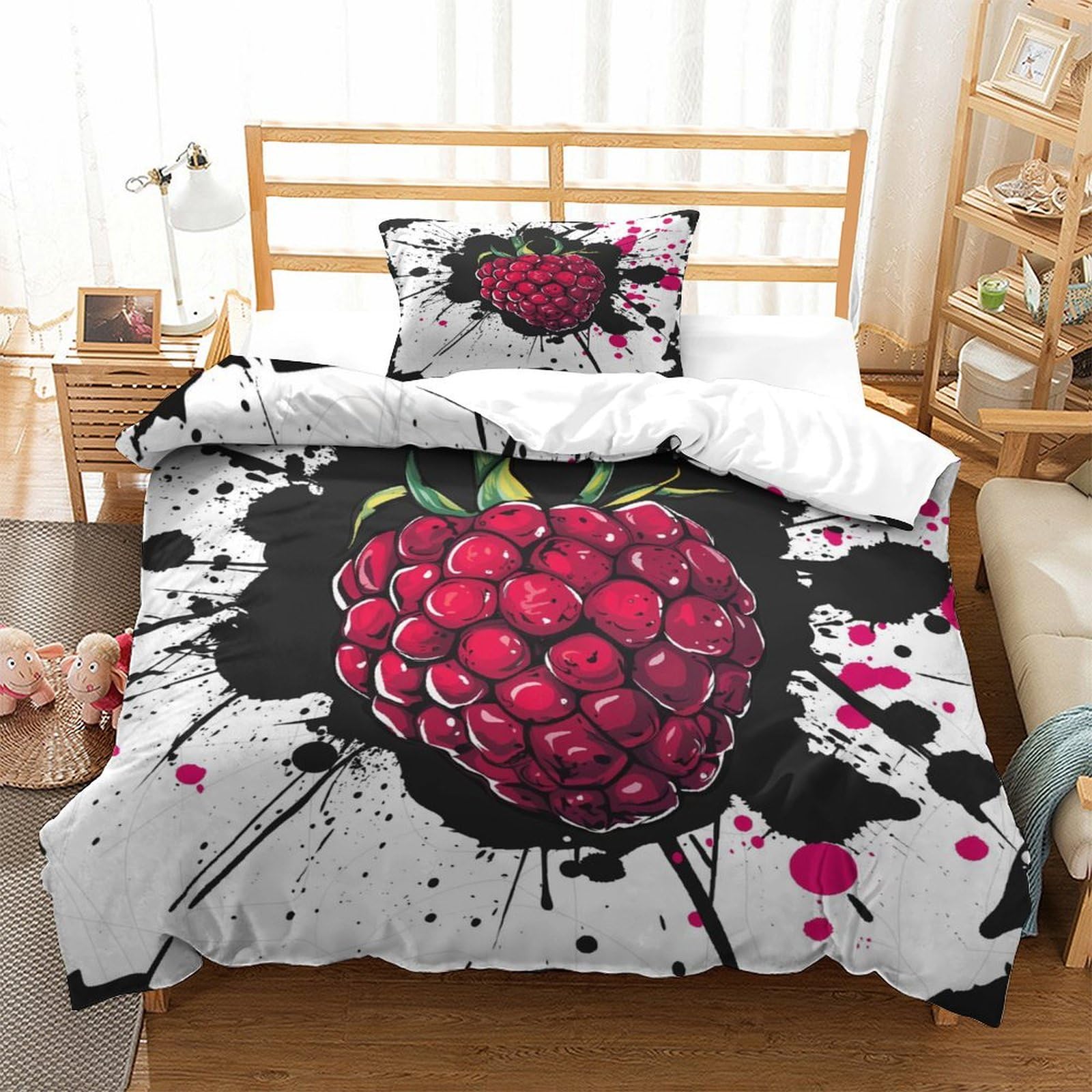 P1S9U7W5Y Artistic Raspberry 3D Printed Duvet Cover Set 3 Pieces Microfiber Fruit Style Bedding Set Soft Breathable for Bedroom Decor Teens Adults Single（135x200cm）