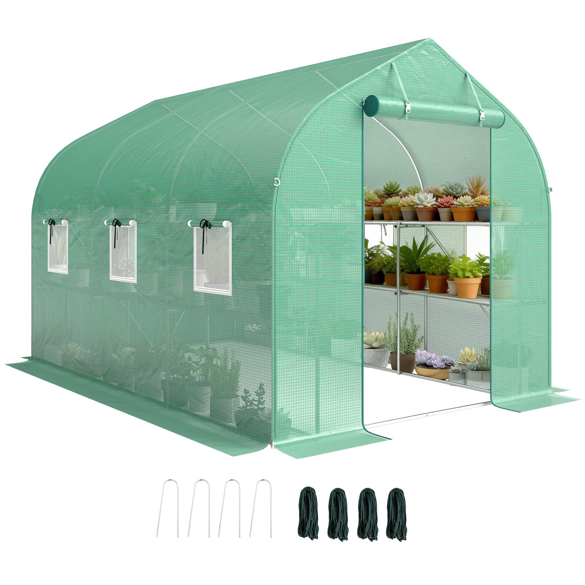 Outsunny Serra Tunnel 6m² con Ripiani 198x293x194cm Porta Verde | Serra da giardino, telaio acciaio zincato, 6 finestre, per esterno, tutte stagioni, copertura PE alta densità 140 g/m²