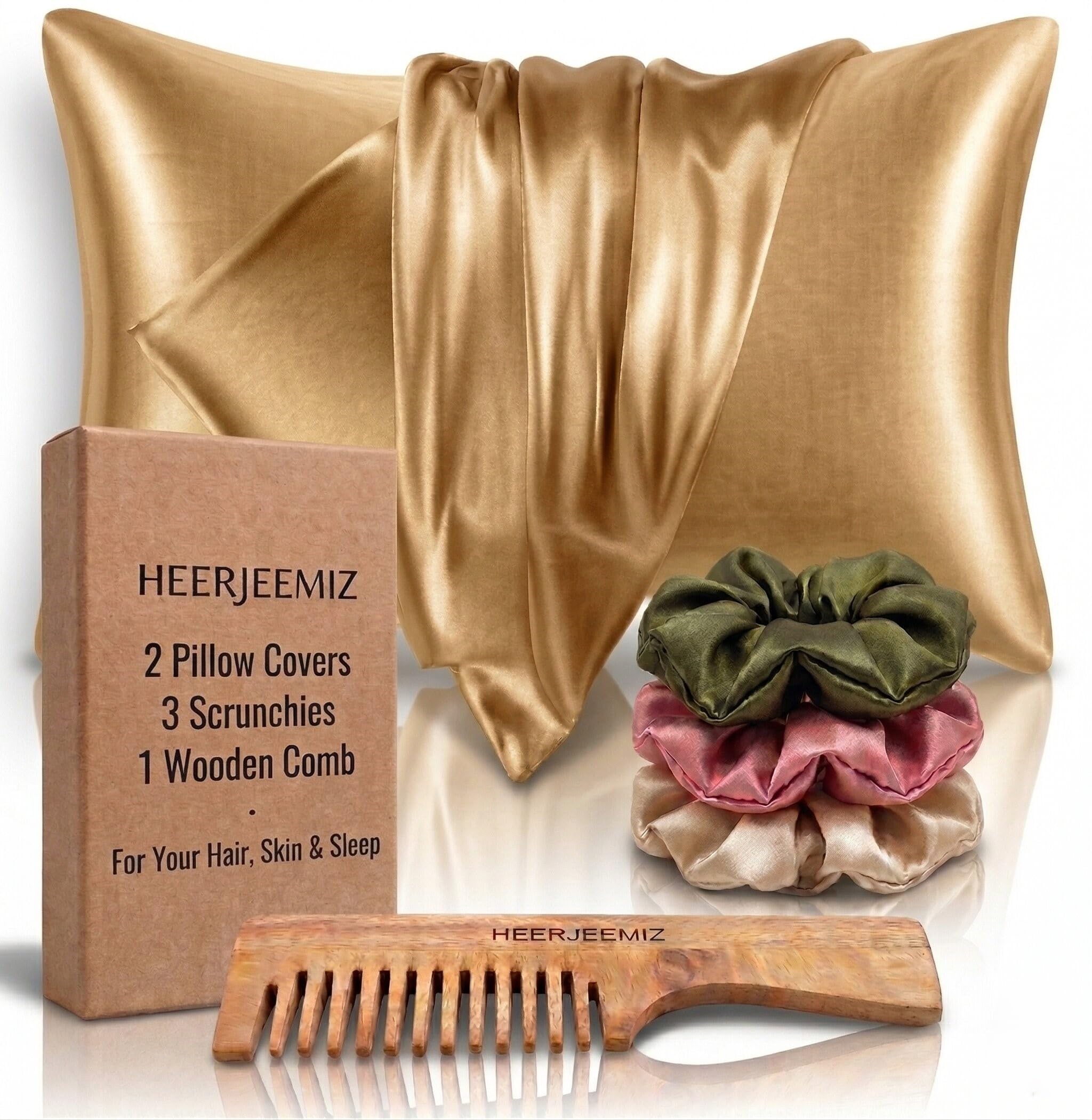 Satin Pillow Cover Set 18X28 Inch with Hair Scrunchies and Wooden Comb, for Hair, Skin and Sleep, 2 Pillow Covers, 3 Scrunchies-picture-50
