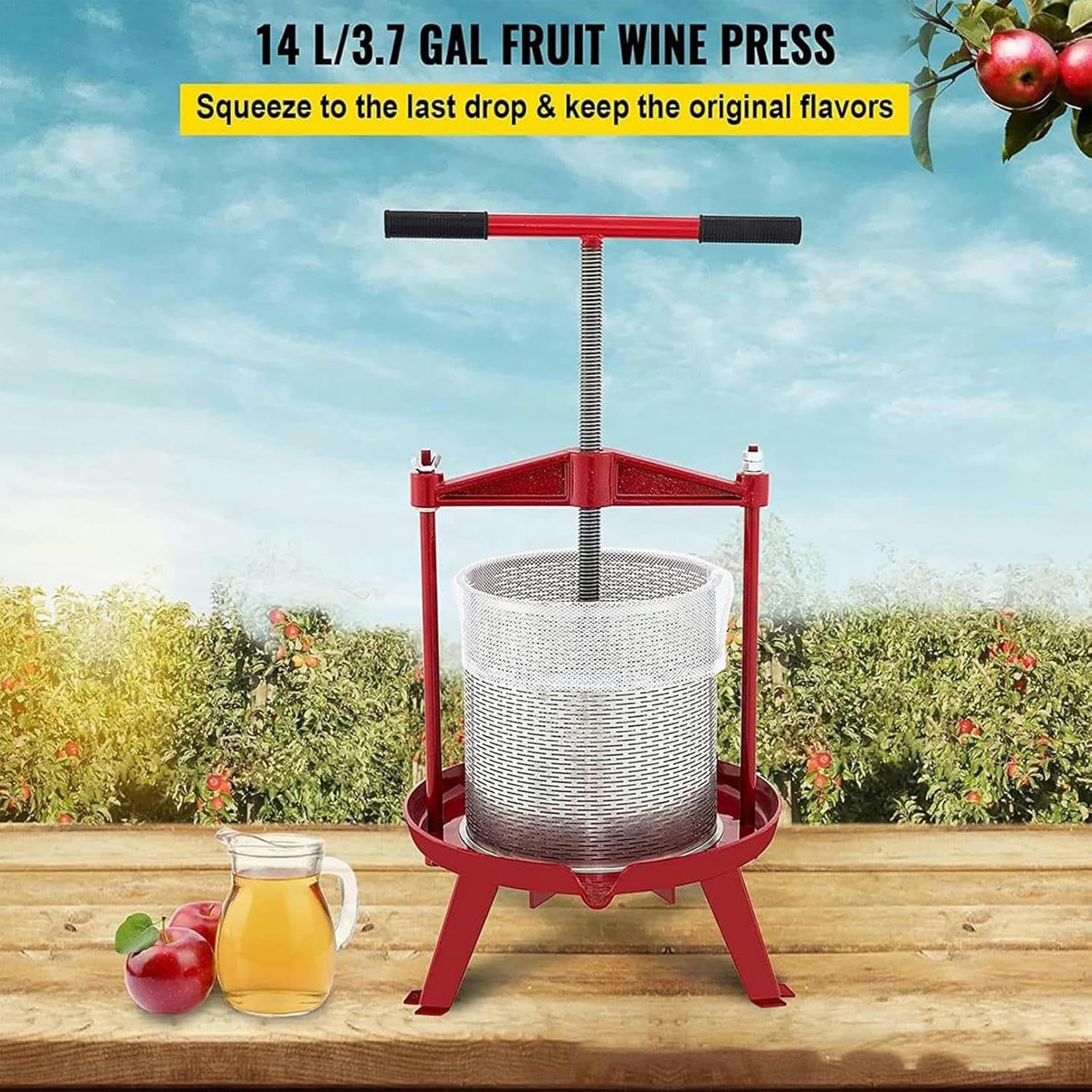 Prensa de Frutas de 14 l, para Hacer Vino y Sidra, Cesta Hueca de Acero Inoxidable, Base Resistente y Estable, Prensa ergonómica con Mango en T para huertos y Temporada de Cosecha~/