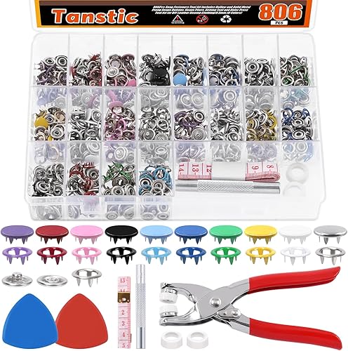 Tanstic 807 piezas (200 juegos) de cierres a presión con kit de herramientas de ajuste, 0.374 in, 10 colores huecos y de metal sólido botones a