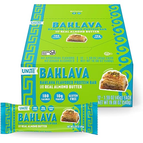 UNiTE Baklava Protein Bars, 12 Pack, 1.59 Oz, 10g Protein, High Fiber Bar, Almond Butter, Real Ingredients, Naturally Sweetened, Portable Snack for Office, Gym, or School