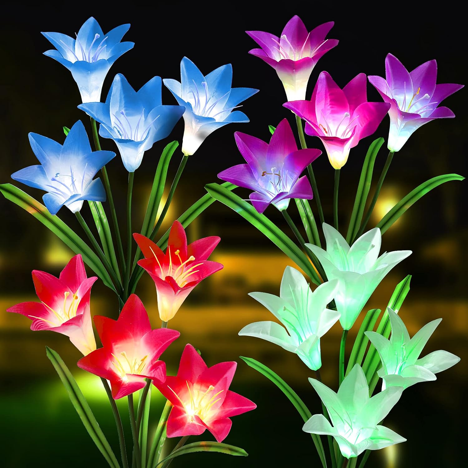 ABenkle Solar Garden Lights with 16 Bigger Lily, 4 Pack Outdoor Lights, Waterproof Decorative Solar Lights, 7 Color Changing Solar Flowers Light Decor for Garden Patio Yard Pathway Decoration
