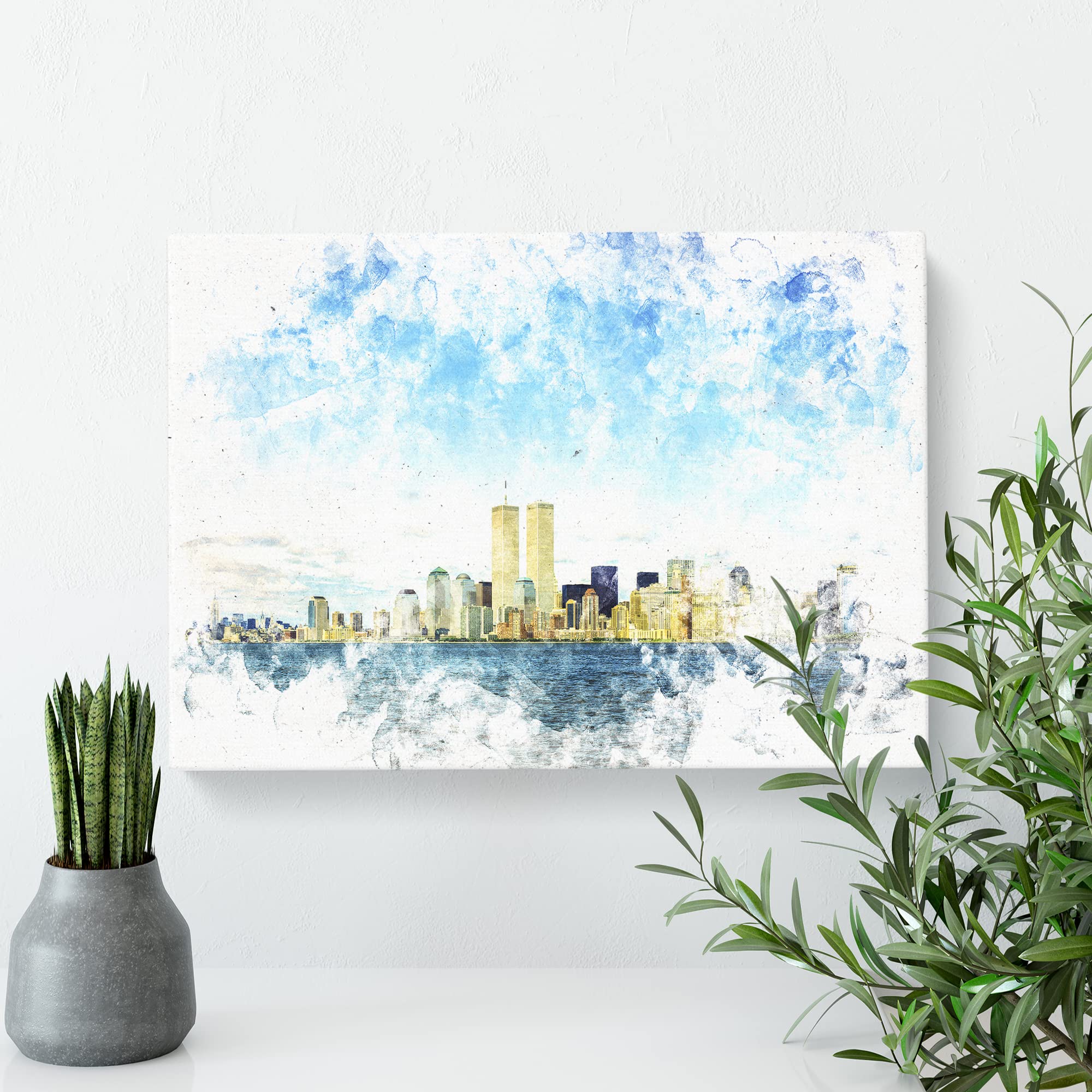 New York Skyline With The Twin Towers Watercolour Canvas Print, Mixed, 25L x 50W cm - Image 3