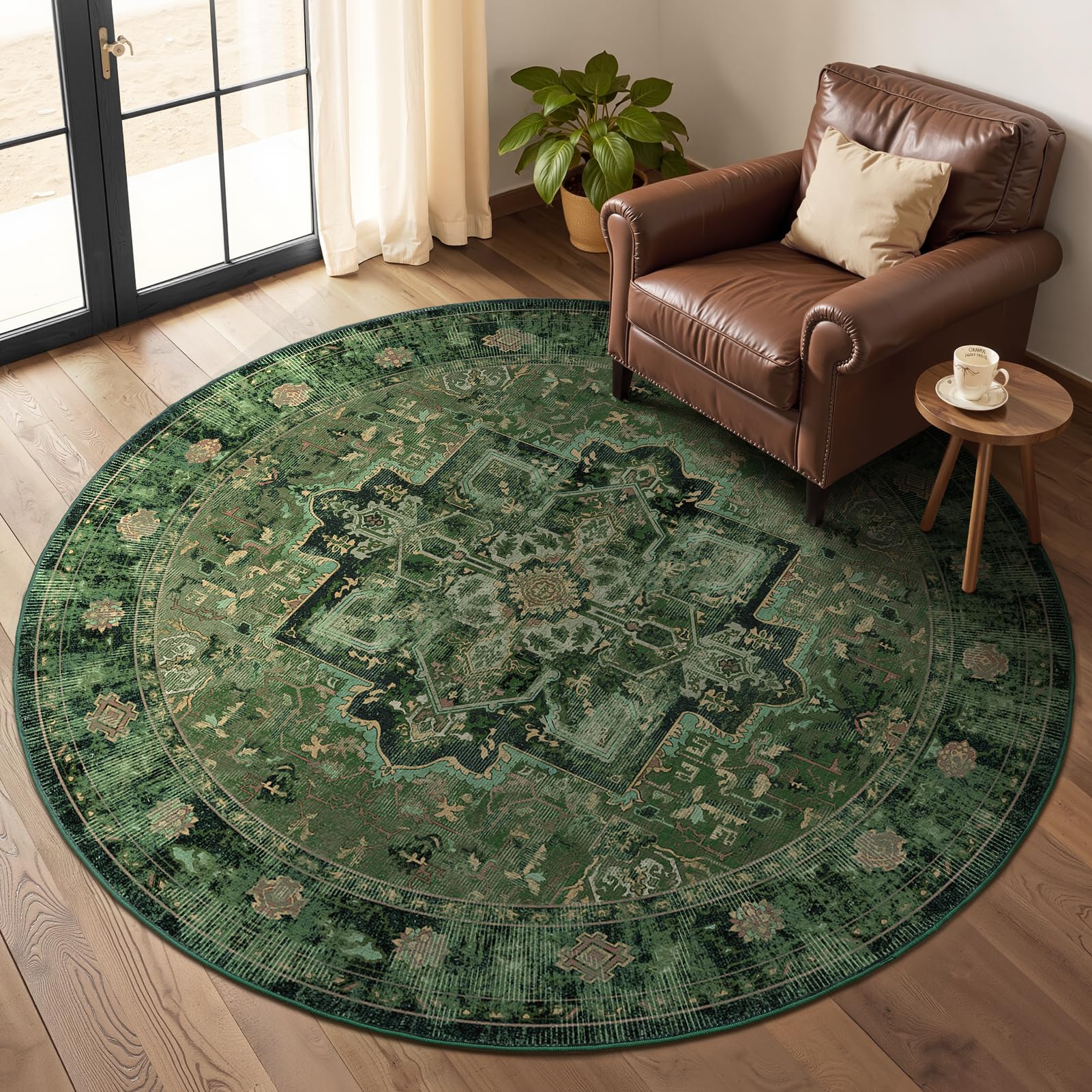 Jainmy Green Round Rugs 7ft for Living Room, Earth Tone Vintage Medallion Circle Rug Carpet 7 Feet for Dining Room Table, Washable Non Slip Ultra Thin 7x7 Round Area Rugs for Bedroom Home Office — image 1