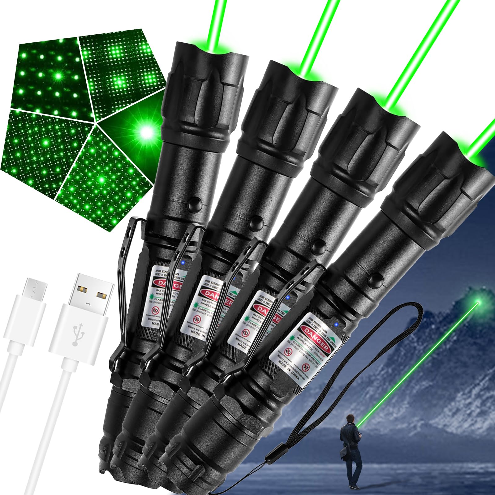 [4 paquetes] Linterna de luz verde, linternas tácticas recargables de largo alcance con tapa de estrella de enfoque ajustable, para uso en exteriores, pantallas de TV/LED/LCD, astronomía