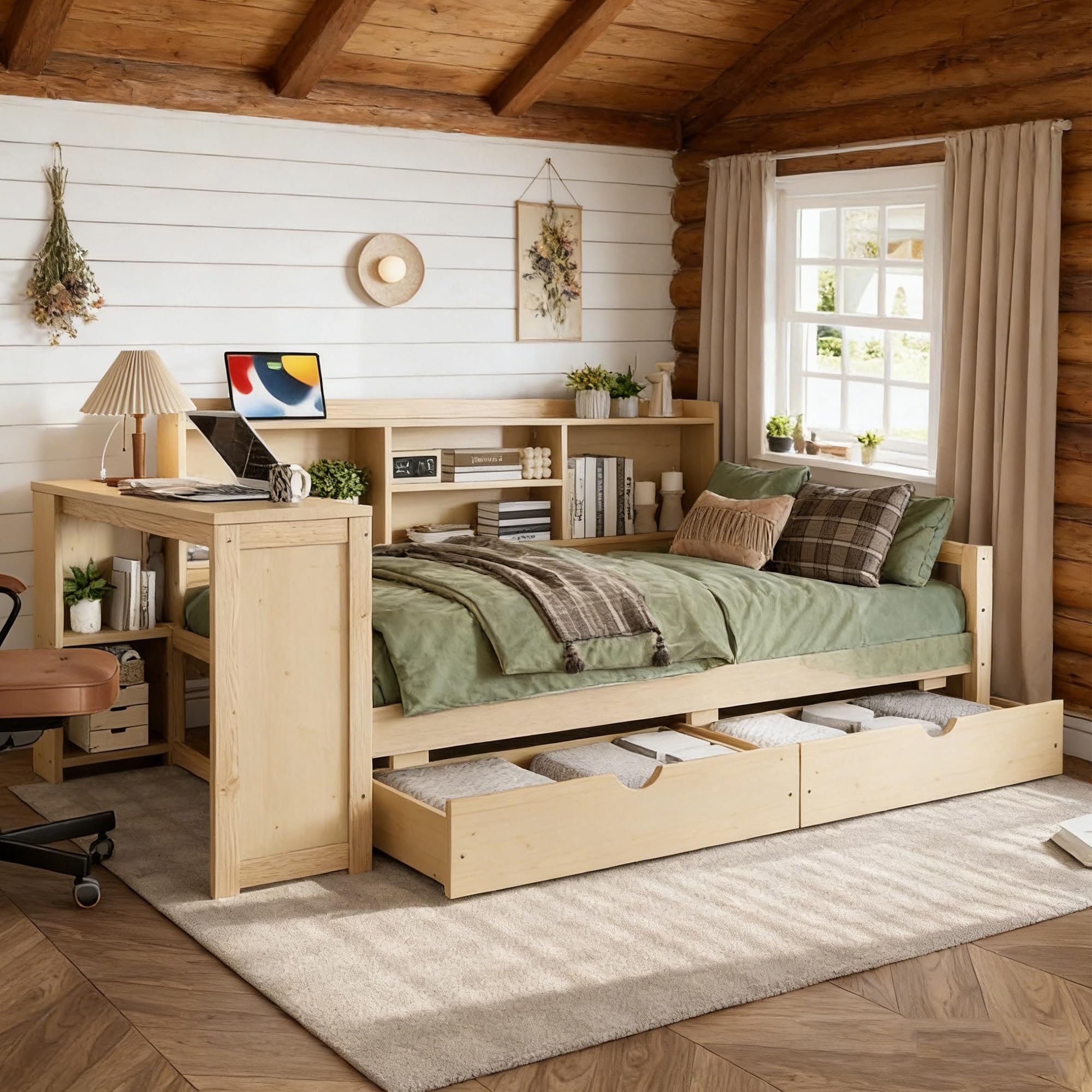 Photo 1 of ****PARTIAL SET BOX 2/3***
Bellemave Twin Size Corner Bed Frame with Storage Drawers and Desk,Captain L-Shaped Daybed with Bookcase,Corner Bed Frame Twin Size with Charging Station for Kids,Teens,Guests,Natural