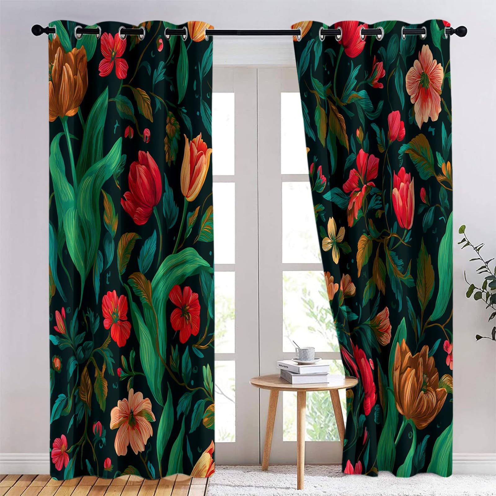 Generisch Verdunklungsvorhänge Blumen Blätter Kinderzimmer Vorhänge Blickdicht, Dunkelgrün Thermovorhang mit Ösen, für Schlafzimmer Fenster & Balkon Natur Dekoration - 110 x 215 cm (2er Set)
