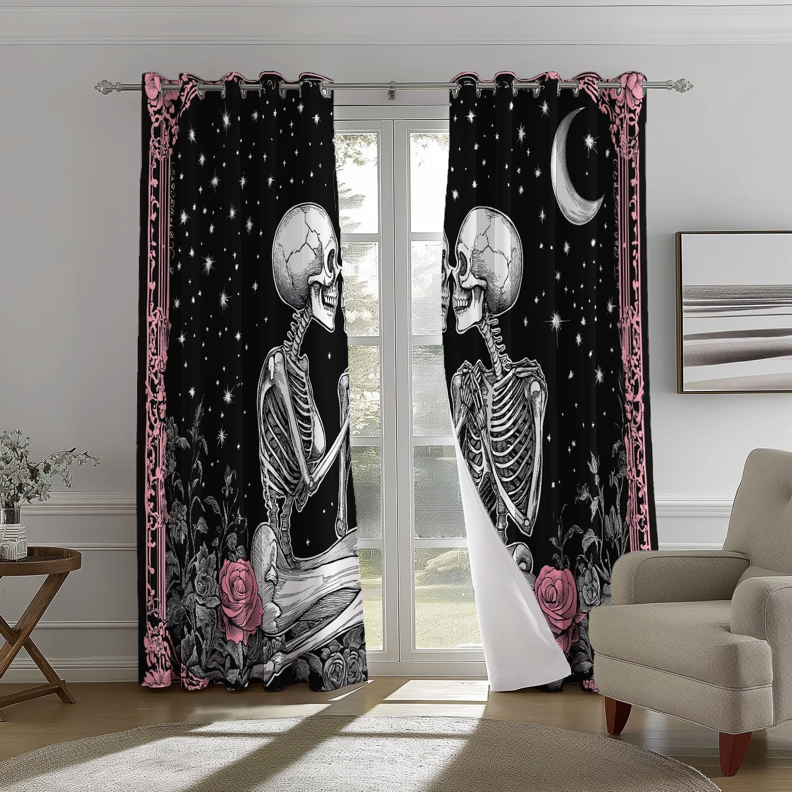 Rideaux Isolants 110L X 215H cm (2 Panneaux), Design Crâne Gothique Rose Tenture Opaque Anti-Chaleur pour Chambre Principale, Noir