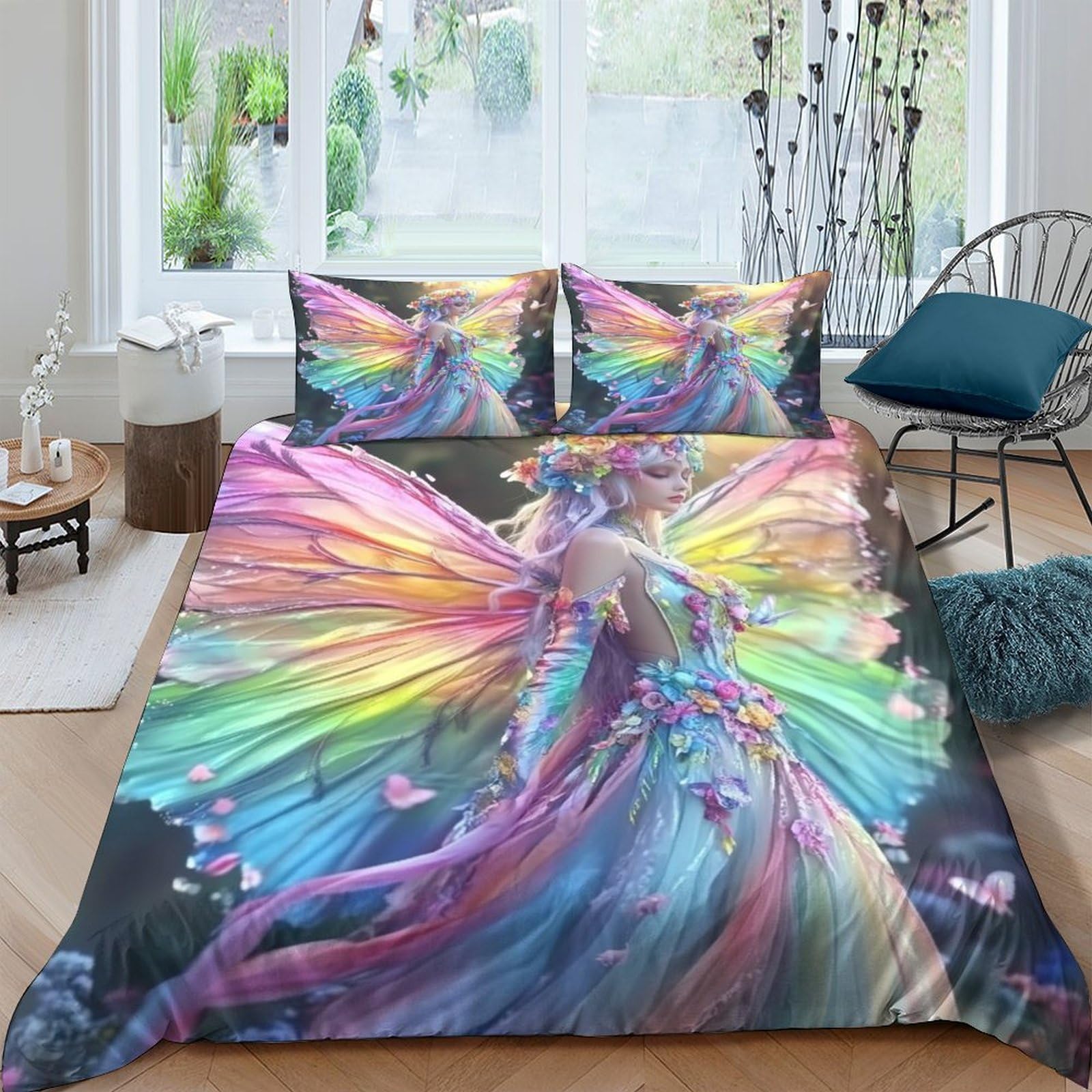 Ctjqhvkz Style-2 3D Printed Rainbow Fairy Fitted Sheet Microfiber Colorful Artistic Butterfly Bed Cover For Bedroom Guestroom Decor Single（135X200cm）