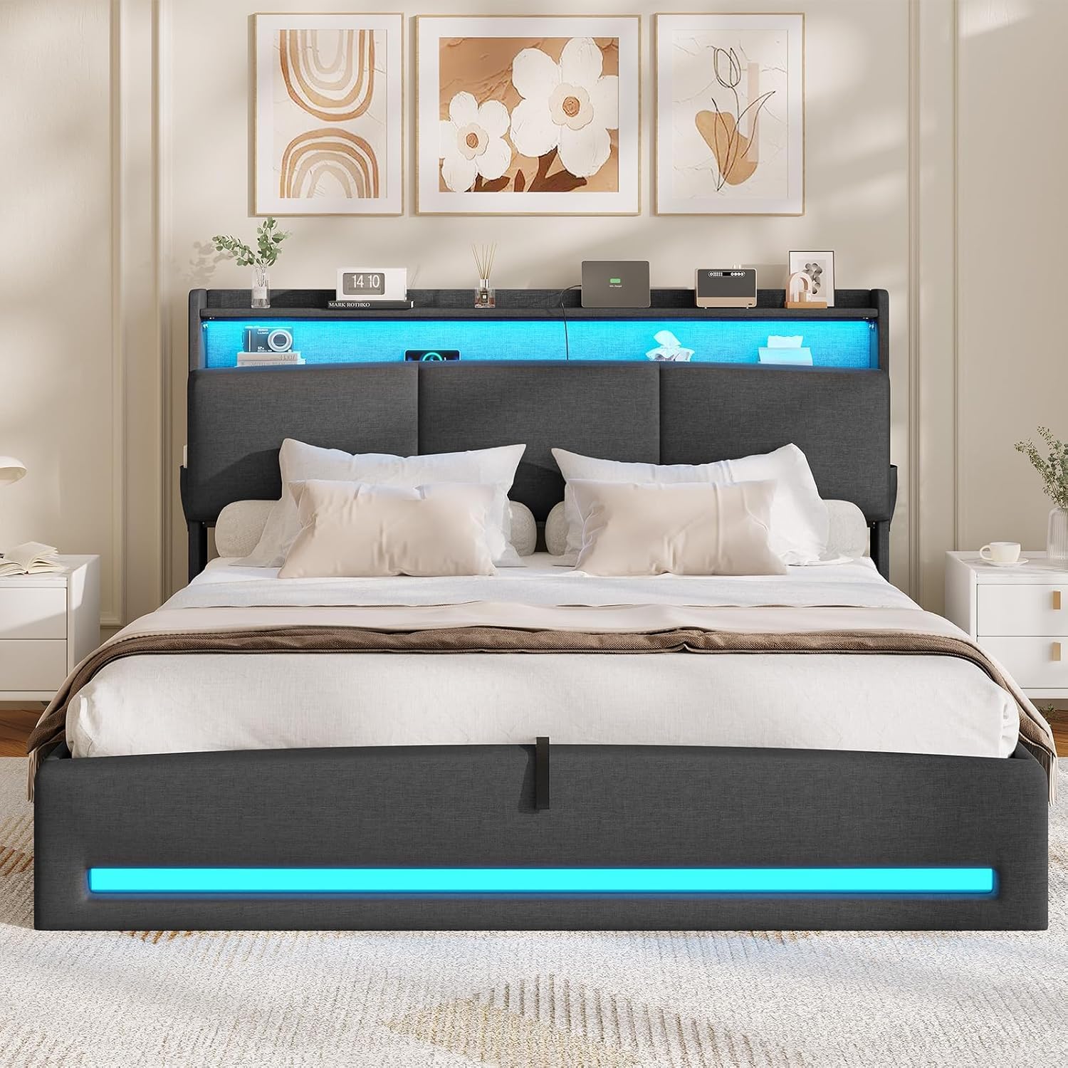 AGOLLATI Letto Contenitore Matrimoniale, Letto 140x190 cm con Illuminazione LED e Stazione di Ricarica, Letto Matrimoniale con Sollevamento Idraulico, Testiera Imbottita con Contenitore, Grigio Scuro