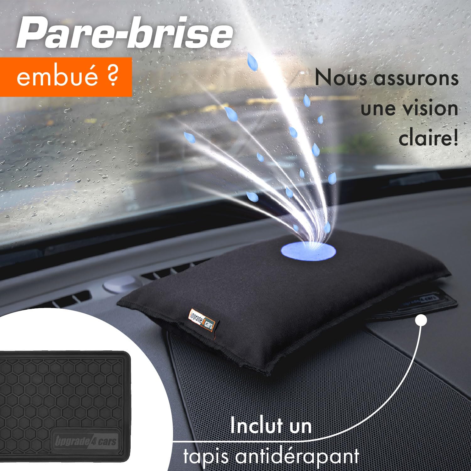 Upgrade4cars Déshumidificateur Voiture Réutilisable 2 x 1 Kg | Coussin Anti-Humidité & Sachet Recharge Silice Gel Avec Tapis Antidérapant