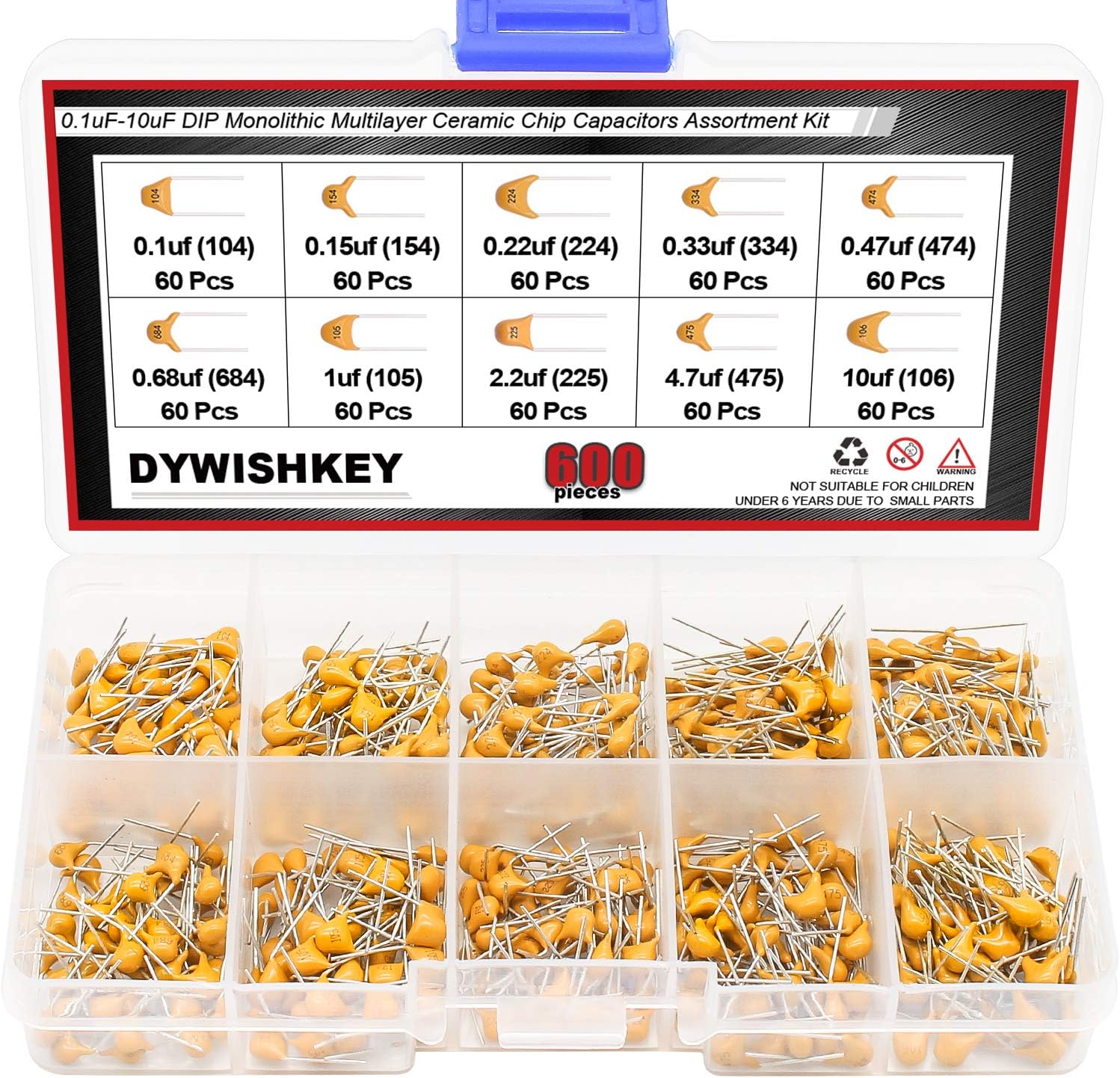 DYWISHKEY 10Value 600PCS DIP Monolithic Multilayer Ceramic Chip Capacitors Assortment Kit, 0.1uF-10uF Ceramic Capacitor Set