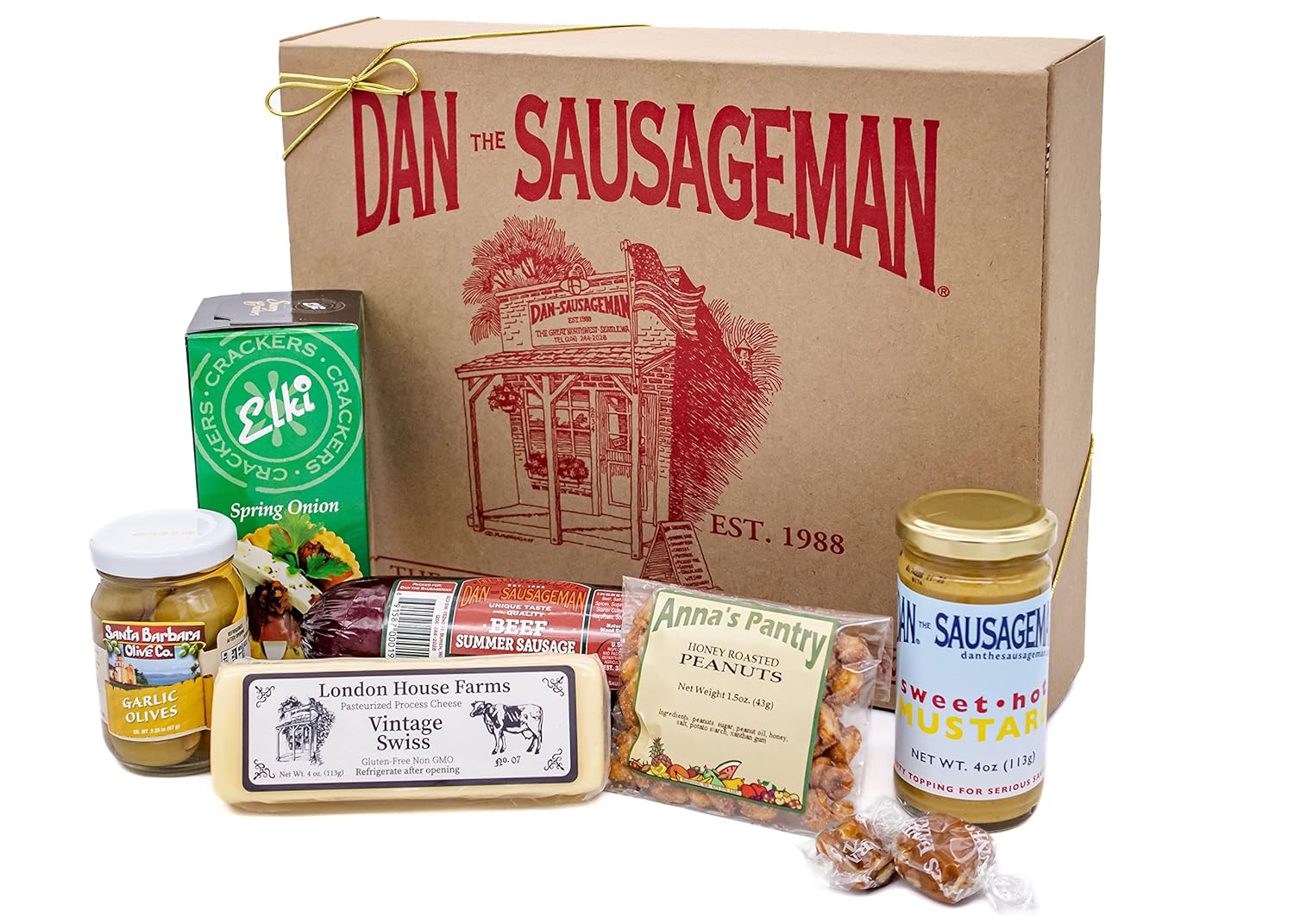 Dan the Sausageman Juneau Gourmet 8 items Gift Basket - Original Summer Sausage, Wisconsin Cheese, Mustard, Craker, Olives, Nuts and Candy | Gift Snack Box - Image 2