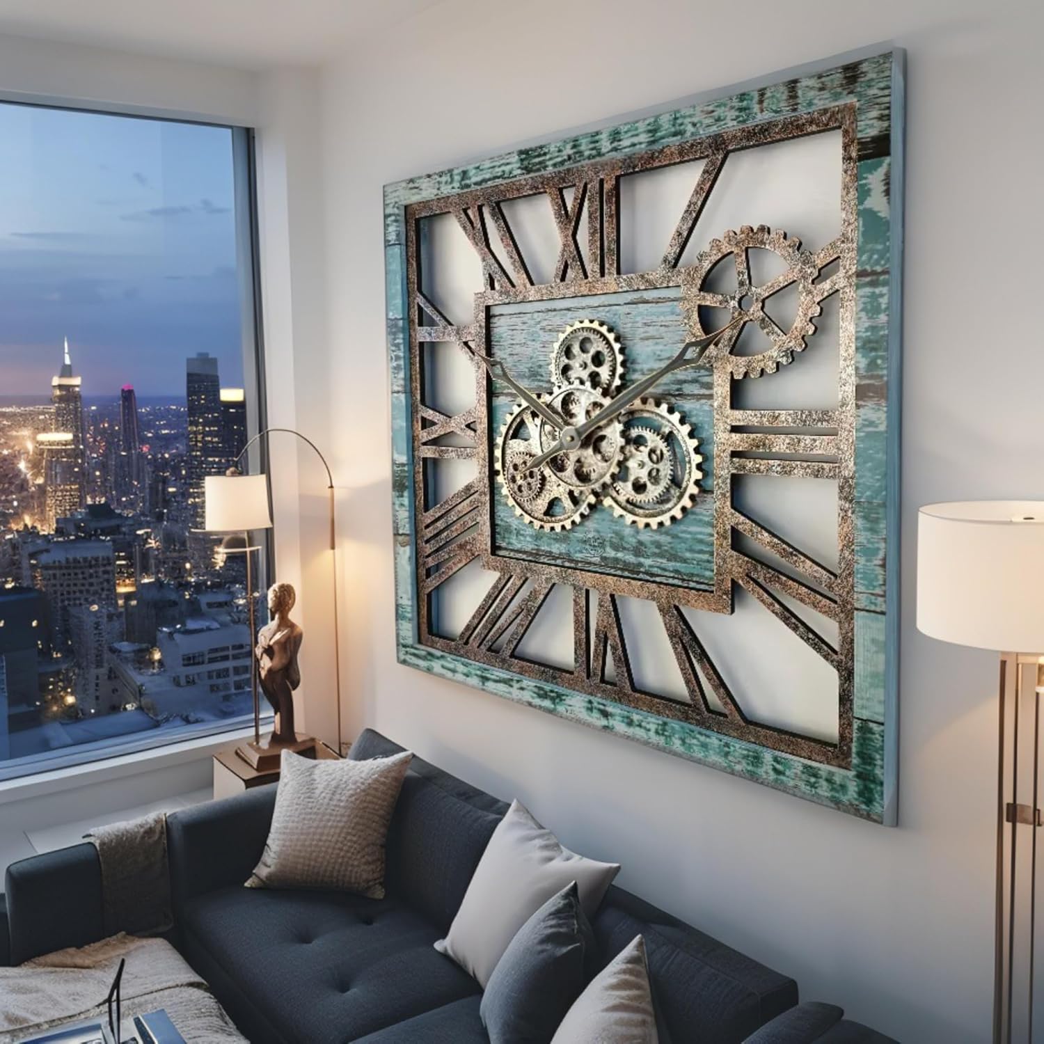 ImprovingLife The Gears Clock 24'' Inch Square Real Moving Gear Wall Clock Vintage Industrial Oversized Rustic Farmhouse (Aqua Green)