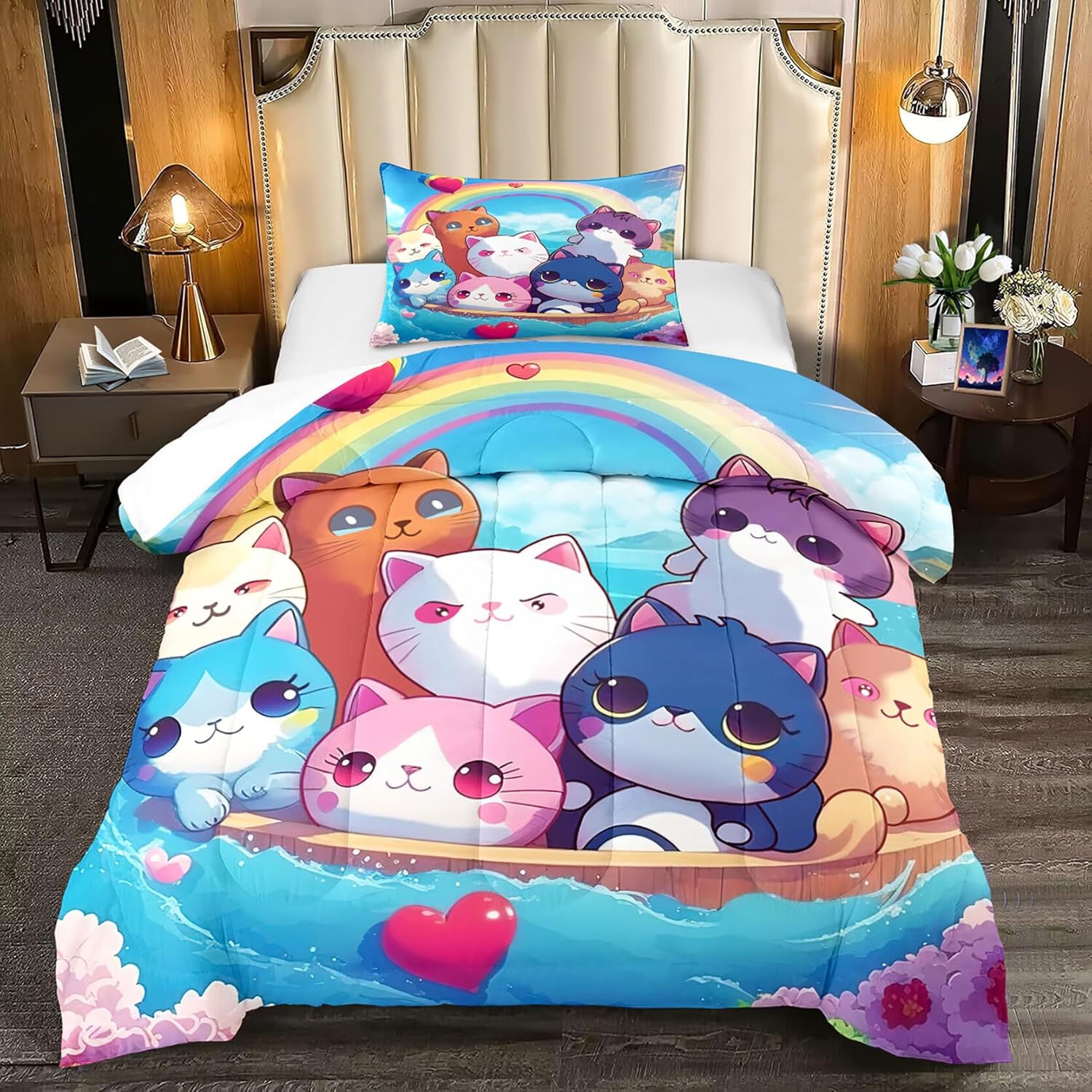 Cat Comforter Set - Cartoon Bedding for Girls Kids, Twin Size With Cute Kitty Design, Soft Breathable Quilt for All Seasons, 1 Comforter 1 Pillowcase