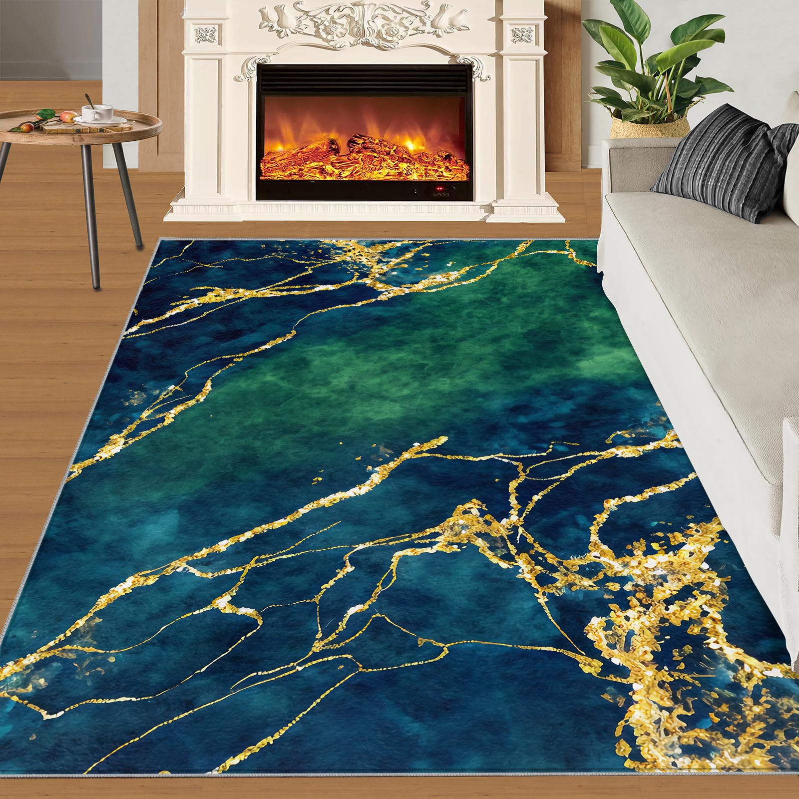 Tapis de marbre vert émeraude doré pour salon, 100x150 cm, tapis de luxe à motif géométrique abstrait pour chambre, tapis de cuisine antidérapant et lavable, tapis à poil court et doux pour