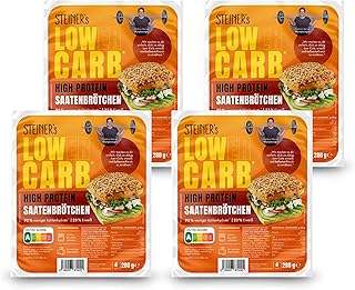 STEINER´s Low Carb High Protein Saatenbrötchen | 92% weniger Kohlenhydrate | high protein | nur 2,8g Kohlenhydrate | 23g Eiweiß (4er Pack, 16 Stk.)