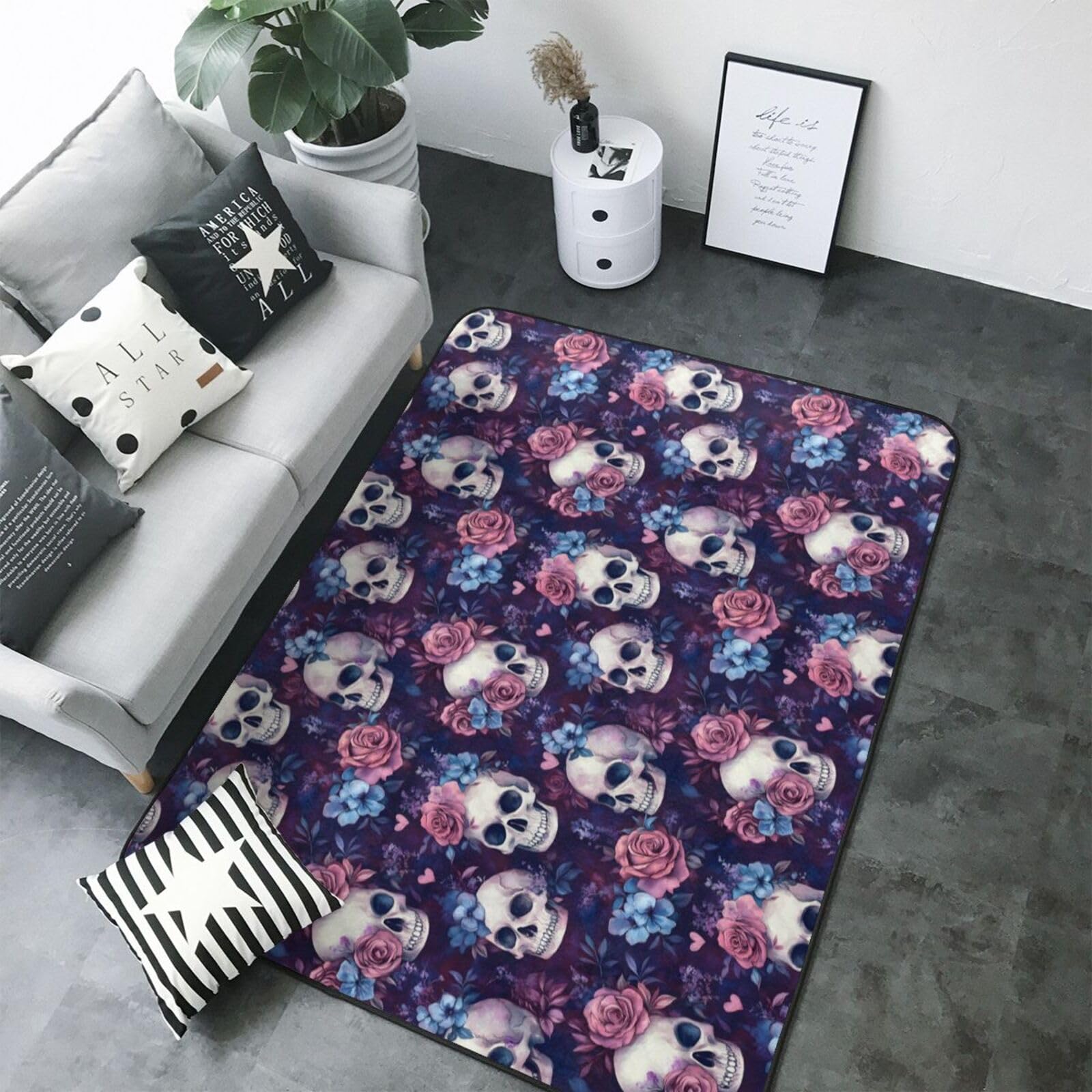 Tapis de salon antidérapant fini les glissades motif crâne rose et bleu