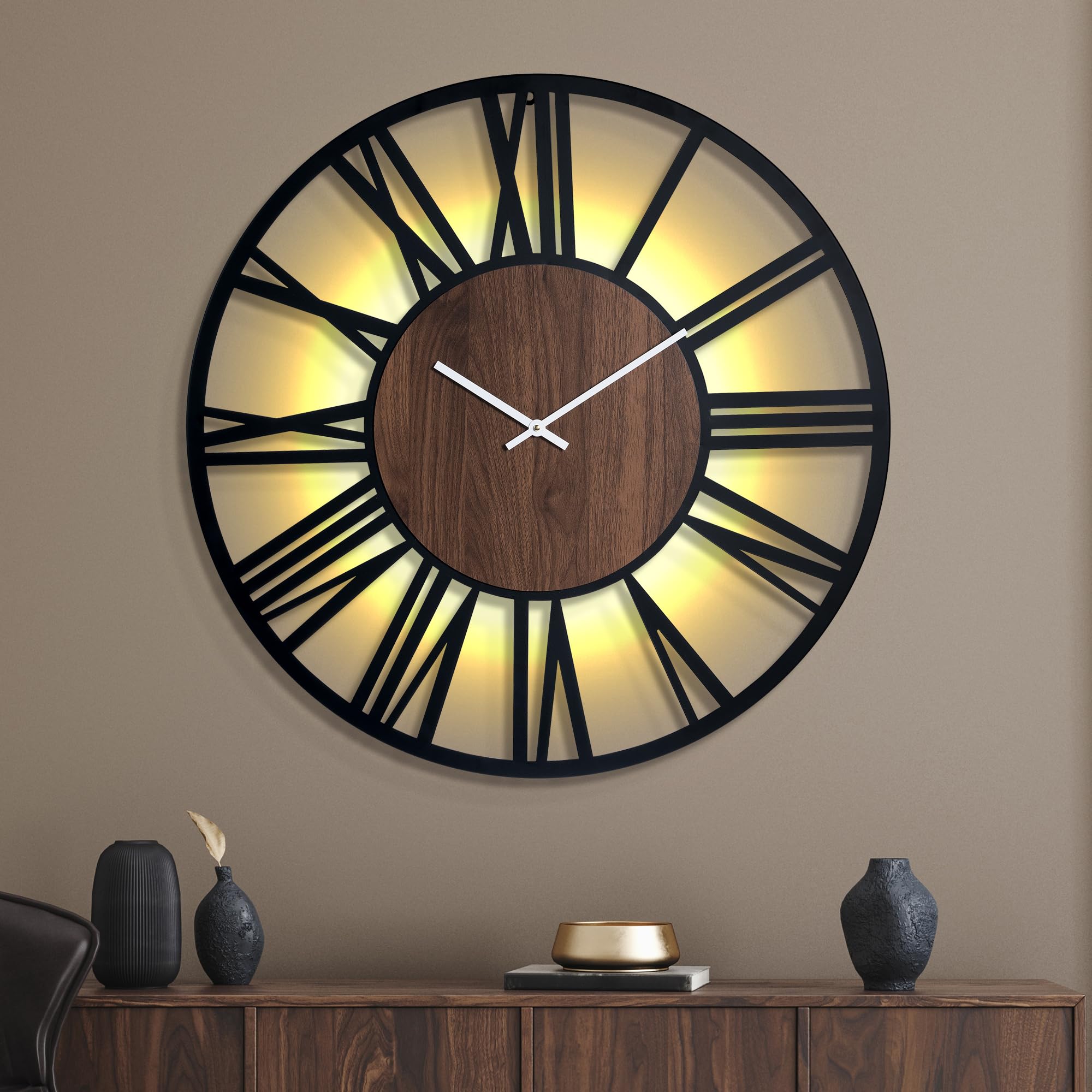 Mee 2ou 76cm Large Metal Wall Clock with Voice and Light Sensor Night Light, Glow in The Dark Non-Ticking Silent Battery Operated Decorative Oversized Wall Clock for Bedroom Living Room Decor