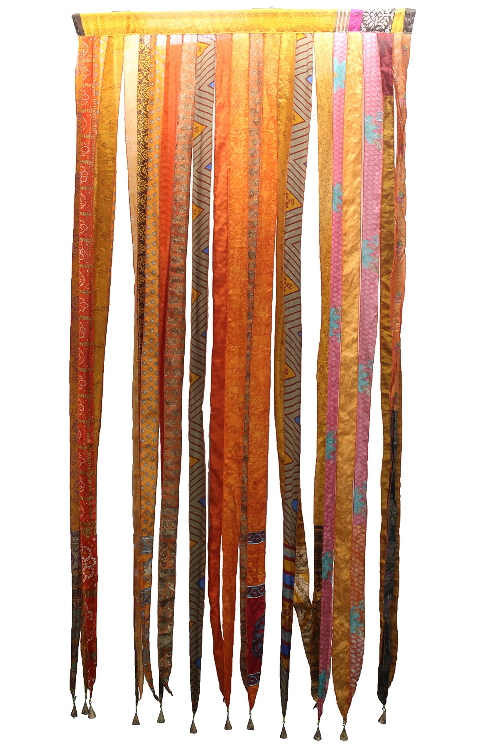 Mango Gifts Bohemian Door Curtain Made from Recycled Silk Sari Ribbon Orange Rod Pocket Panel for Doorway, Window, or Wall Handmade Indian Tapestry Valance for Boho Home Décor